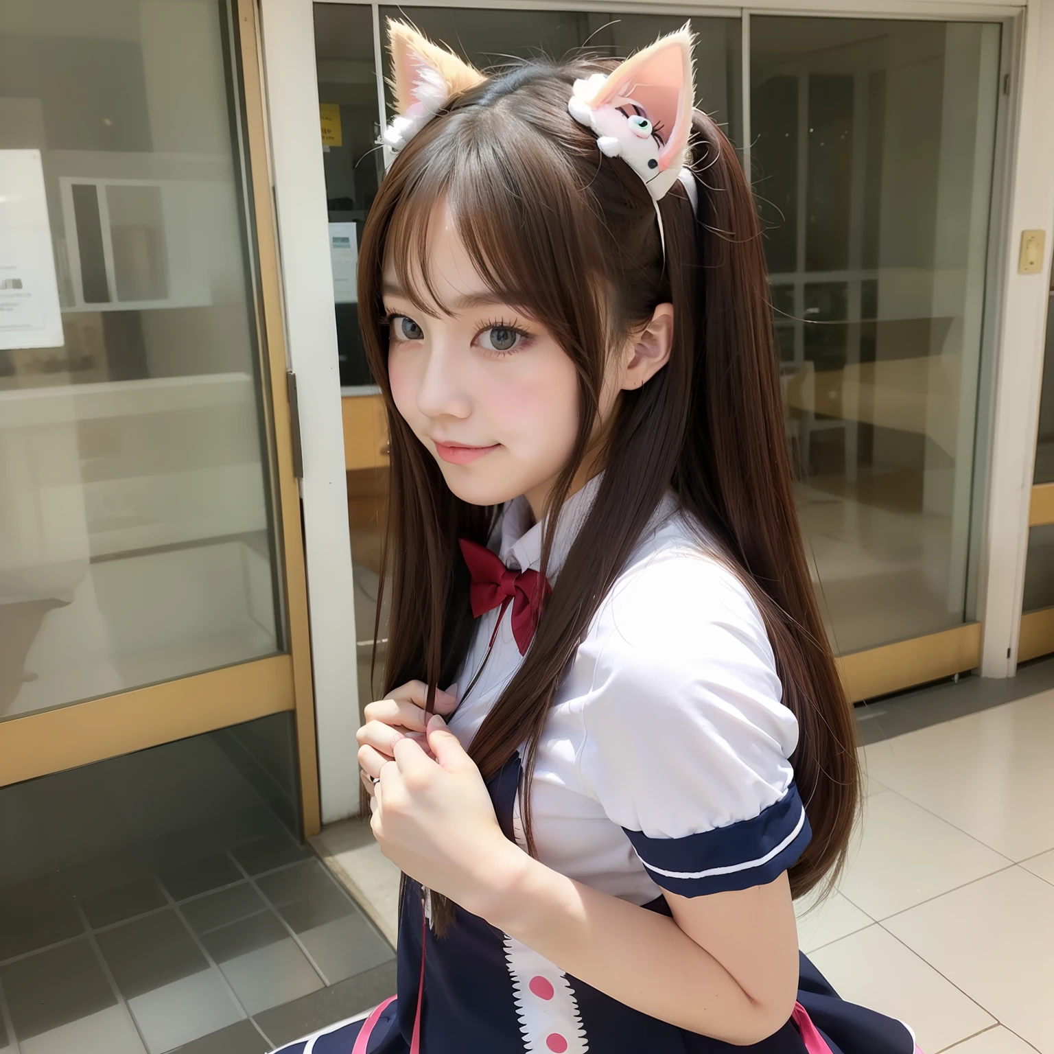 Cute high school girl、Cat Cosplay、from the front side