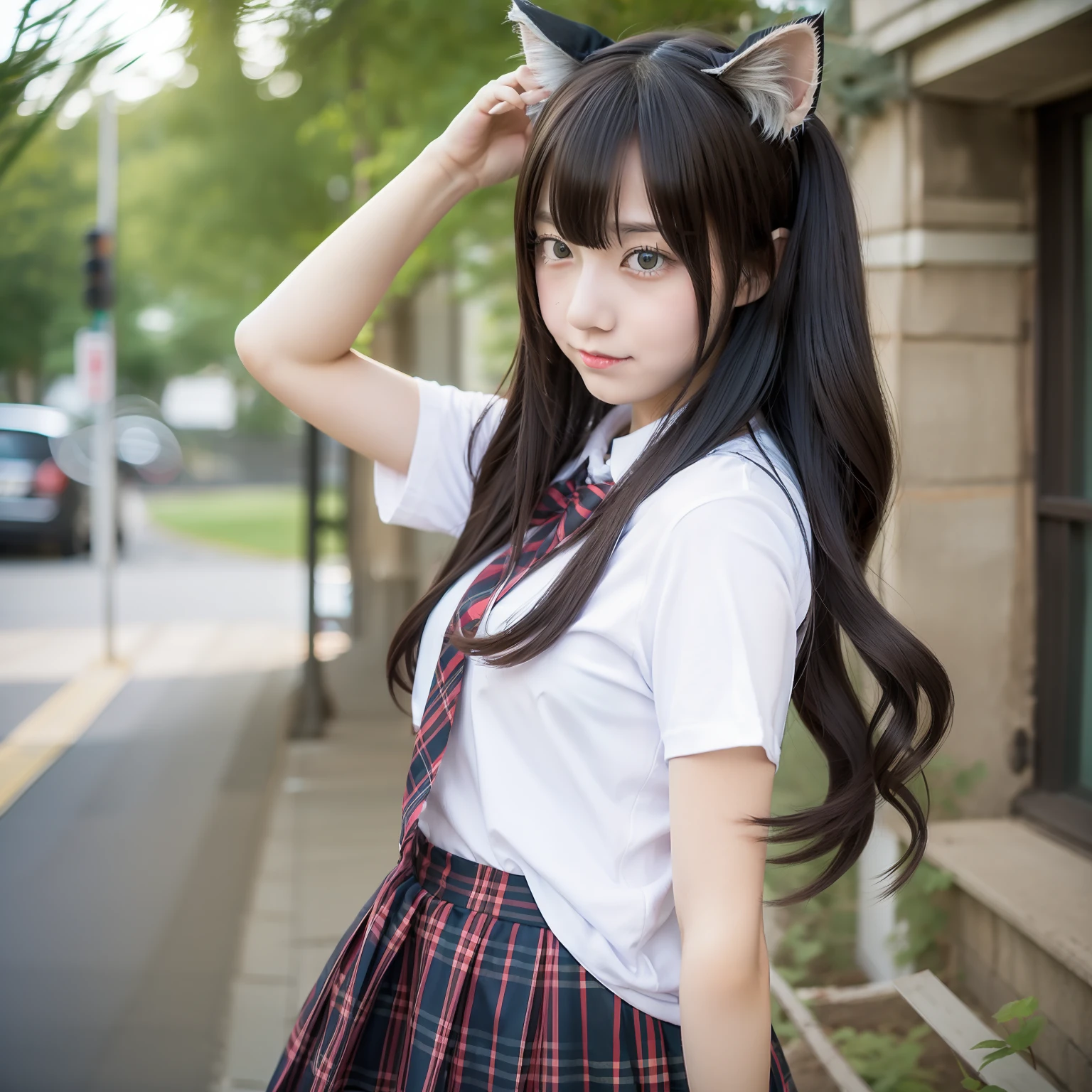 Cute high school girl、Cat Cosplay、from the front side