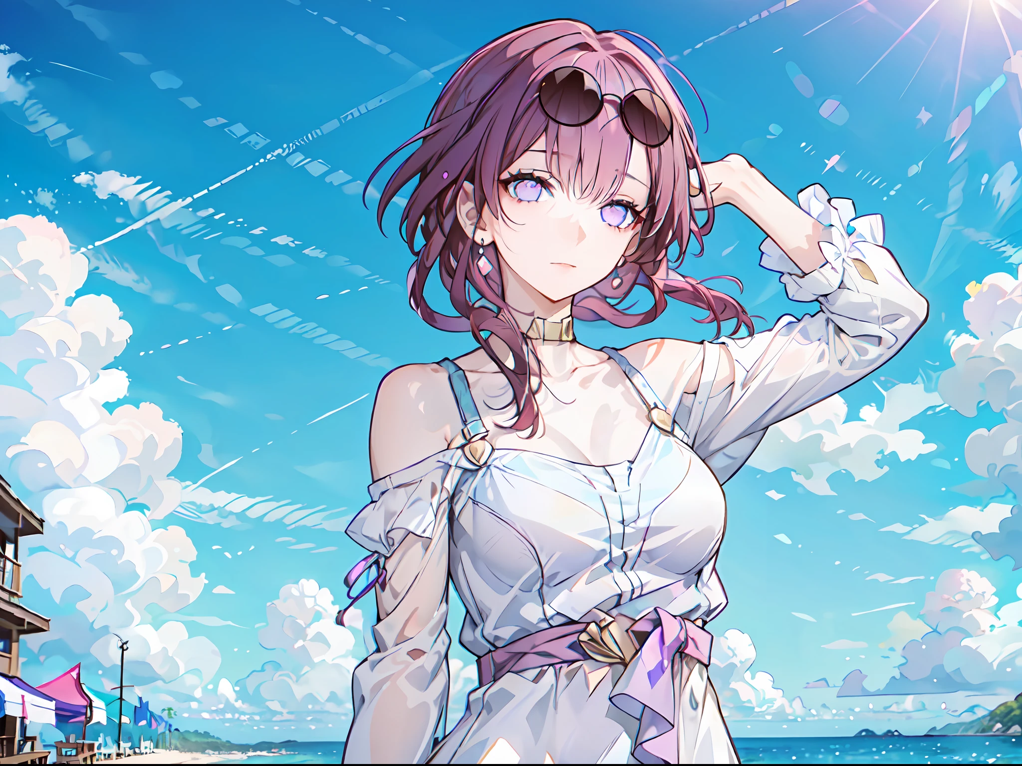 female, (solo:1.2), ((masterpiece)), ((pale skin)), ((detailed eyes)), (bokeh effect), (dynamic angle), dynamic pose, purple hair, purple eyes, ((summer dress)), ((shore)), beach, (casual), vacation, ((off shoulders)), (bare shoulders), ((collarbone))