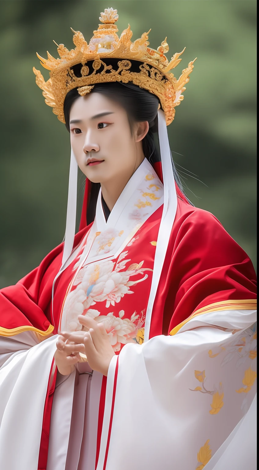 Masterpiece, Highest quality, (solofocus),, (High detail: 1.1),dojo，Red and yellow robes，The male， Man, chinese crown, 1人,and white hair,超高分辨率 , Detailed background, realisticlying, wearing a detailed and intricate xianxia antique outfit