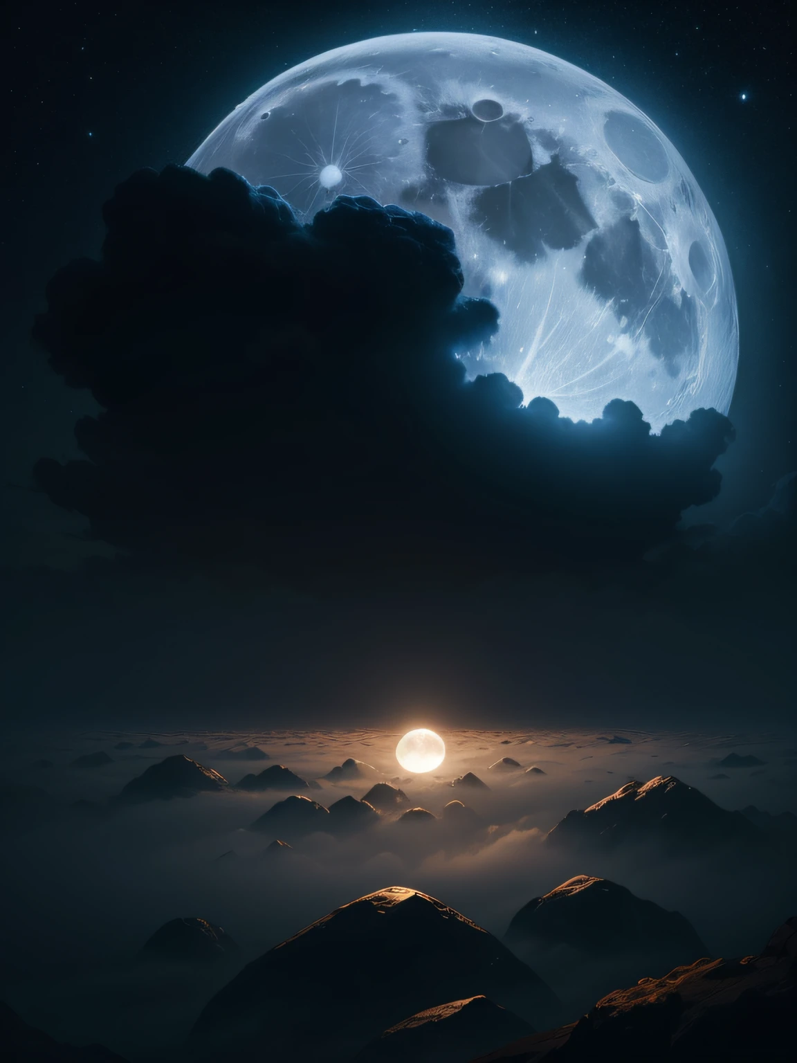A full moon in the dark sky with fog