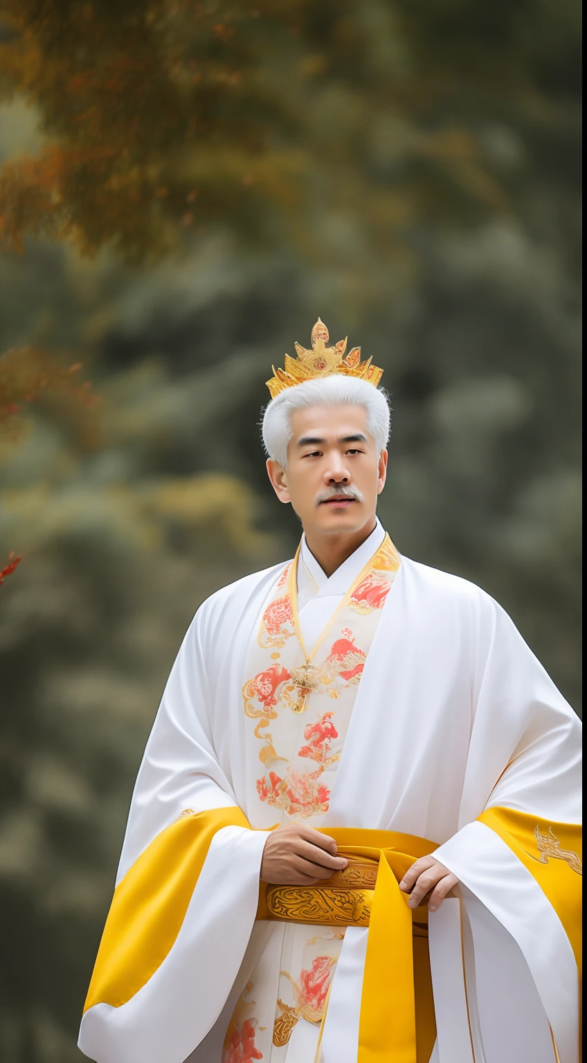 Masterpiece, Highest quality, (solofocus),, (High detail: 1.1),dojo，Red and yellow robes，The male， Man, chinese crown, 1人,and white hair,超高分辨率 , Detailed background, realisticlying, wearing a detailed and intricate xianxia antique outfit