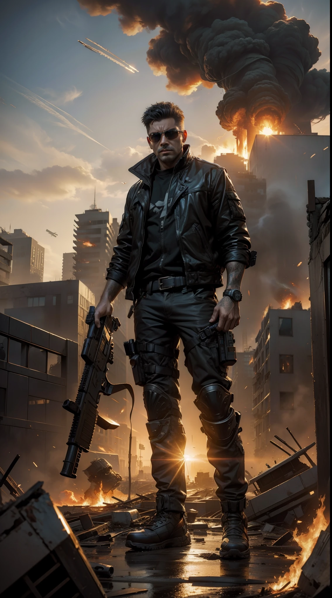 Man facing destroyed city,gun,smoke,fire,sunlight,8k,finetuned graphic,realistic,masterpiece,sci-fi