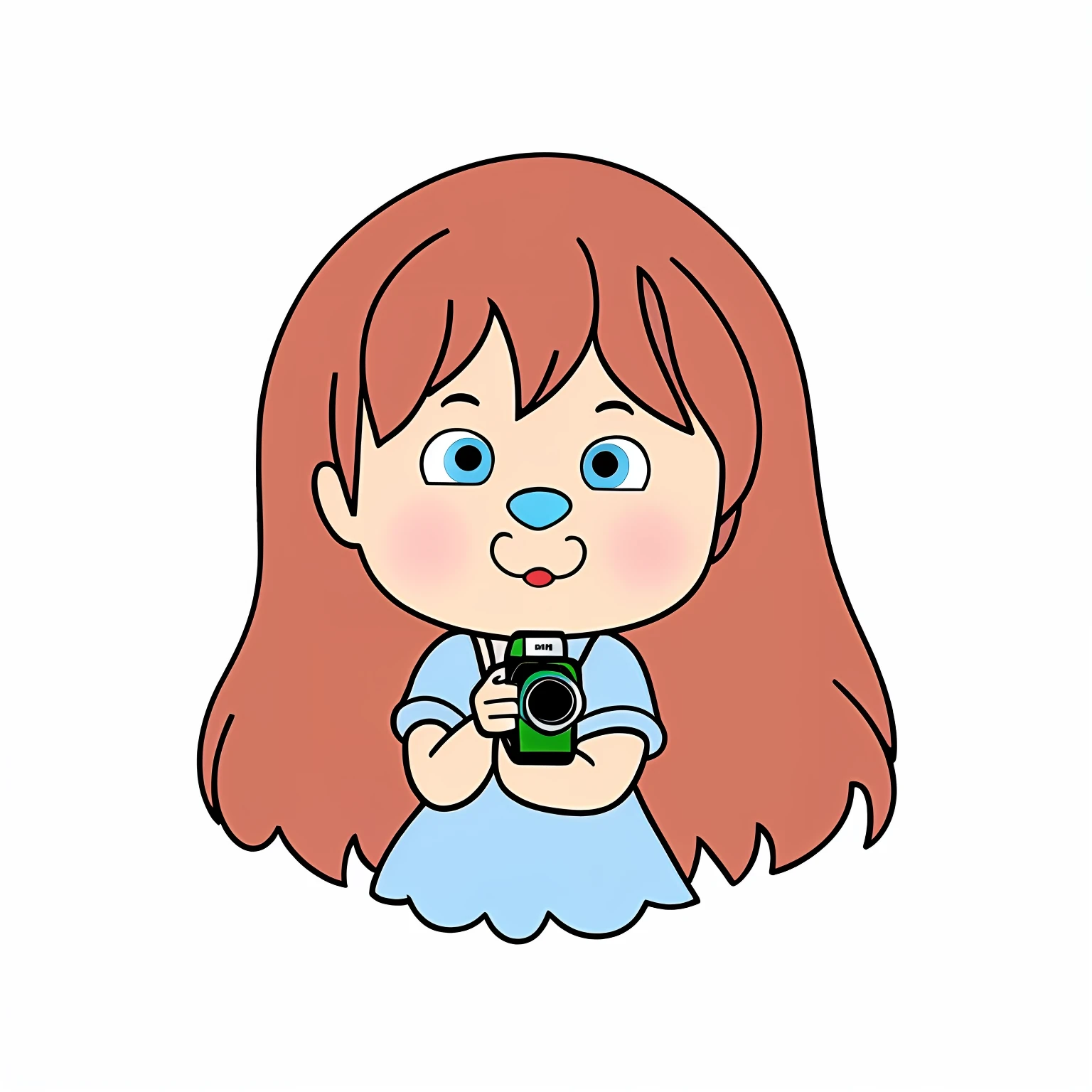 Cartoon girl with camera and blue dress, holding a camera, young and cute girl, adorable expression