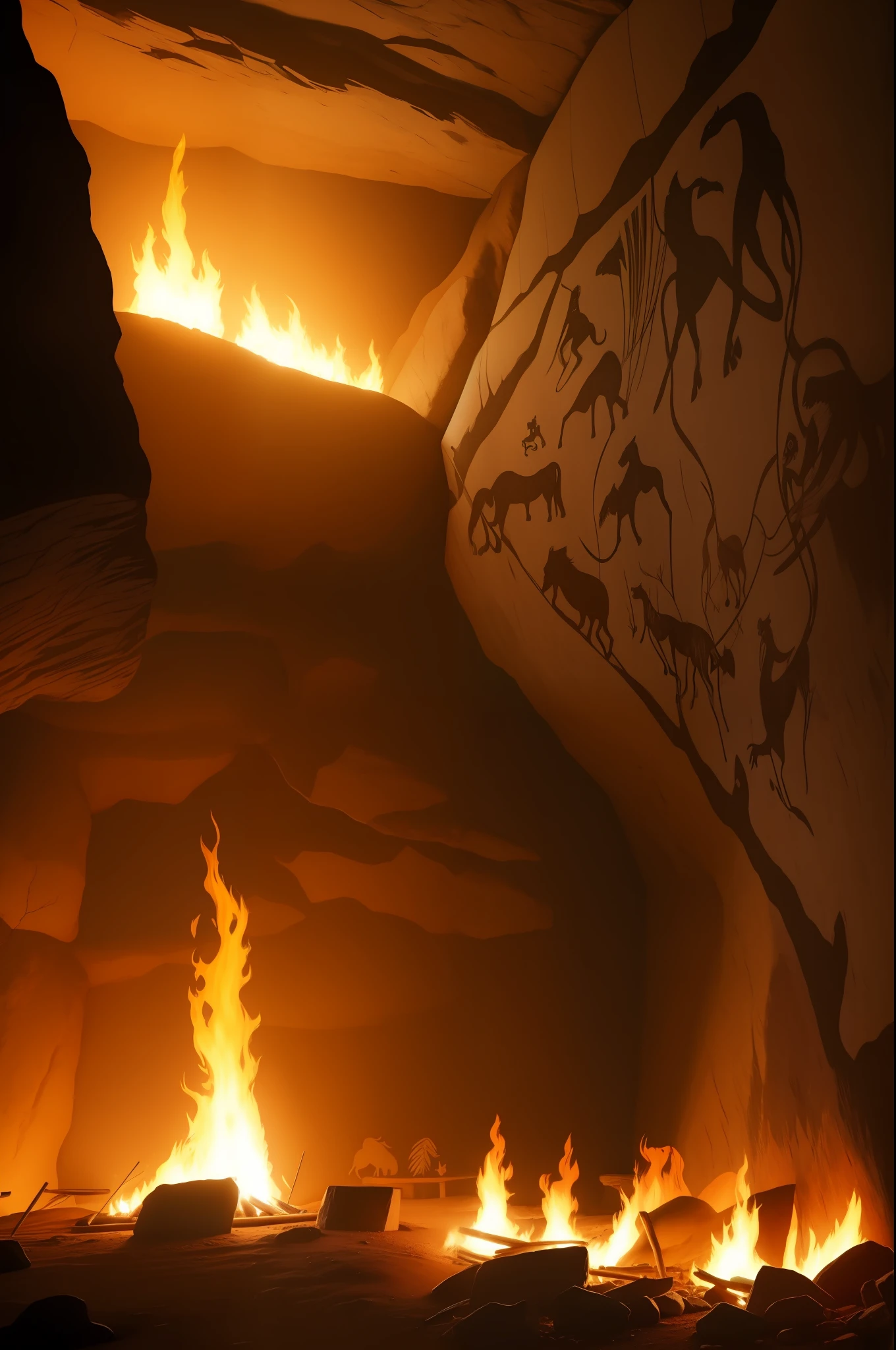 prehistoric cave art of prehistoric animals, primitive drawing mural on cave wall, lighted by bonfire,