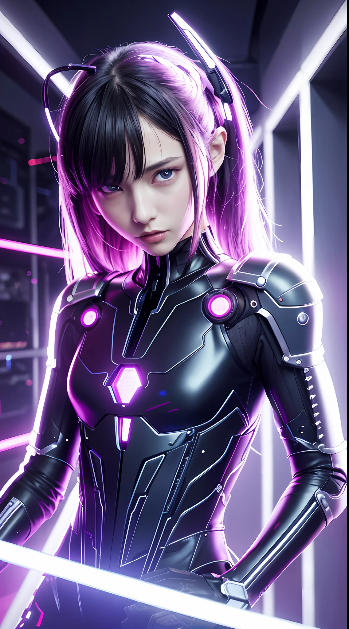 (tmasterpiece, best qualtiy, beuaty girl, Nice face:1.2),Body makeover,wide angles, 8K,RAW photogr, Incredibly Ridiculous res,Glowing wire lines on the face , View viewer, Face light, filmgrain, color difference, Sharp focus, 动态照明, cinmatic lighting, best qualtiy, tmasterpiece, hyper HD, (realisticlying: 1.4), RAW photogr, 1 rapariga, Glossy glossy skin, 1 Cyberpunk Girl, (((hyper realistic detailed)), sportrait, globalillumination, shadowing, rendering by octane, 8K, Super sharp, Glow skin, Realistic skin,The groove exposes the original skin, metals, Intricate decorative details, Evangelion details, very complex details, realistic raytraicing, CGSoation trends, Purple eye, glowing light eyes, facing at the camera, neon light detail, Mechanical limbs, mechanical cervical attachment to the neck,Wires and cables are connected to the head,Electronic board,Digital circuits,cpu,Many small LED lights,The background is a futuristic server room,
