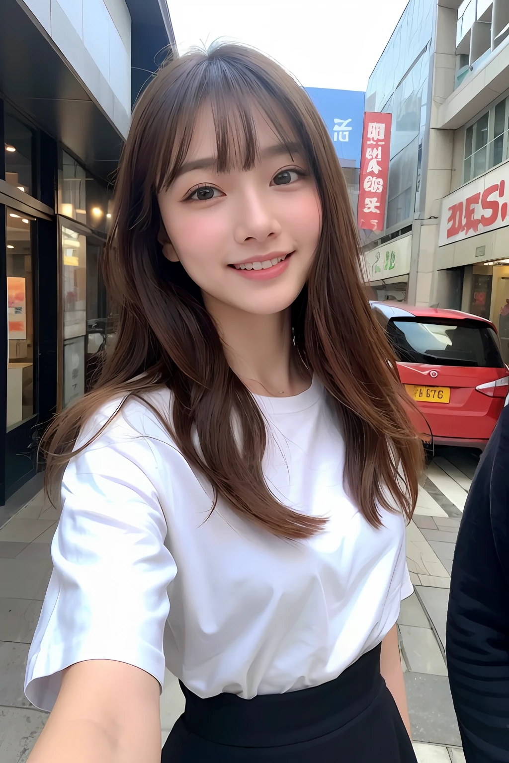(8K、Raw photography、top-quality、masuter piece:1.2)、ultra-detailliert、ultra res、(realisitic、rialistic photo:1.37)、portlate、high-definition RAW color photography、Professional Photography、highly detailed and beautiful、ighly detailed、8K Picture Wallpaper、amazing detailed、huge filesize、Official art、Highly detailed CG Unity 8K wallpapers、highly detailed beautiful girl、extra detailed face、extremely detailed eye、highlydetailed skin、extremely detailed fingers、highly detailed nose、very detailed detailed mouth、Perfect Anatomy、highly detailed back ground、Highly detailed clothing、女の子 1 人、(18:1.2)、、Cutel s、famous Japan idol、cute little、Realistic body、小柄、de pele branca、glistning skin、Slim body、Handsome body、brown haired、Semi-long hair、(Blunt bangs:1.2)、Curly hair、A smile、kawaii、zora々Right、kawaii faces、Lifelike face、Delicat eyes、Sauce order、White T-shirt、skirt by the、耳Nipple Ring、Looking at the camera、cowboy shot、front facing、Standing、Contrapo, high street, public, 动态照明, small tits,blured background