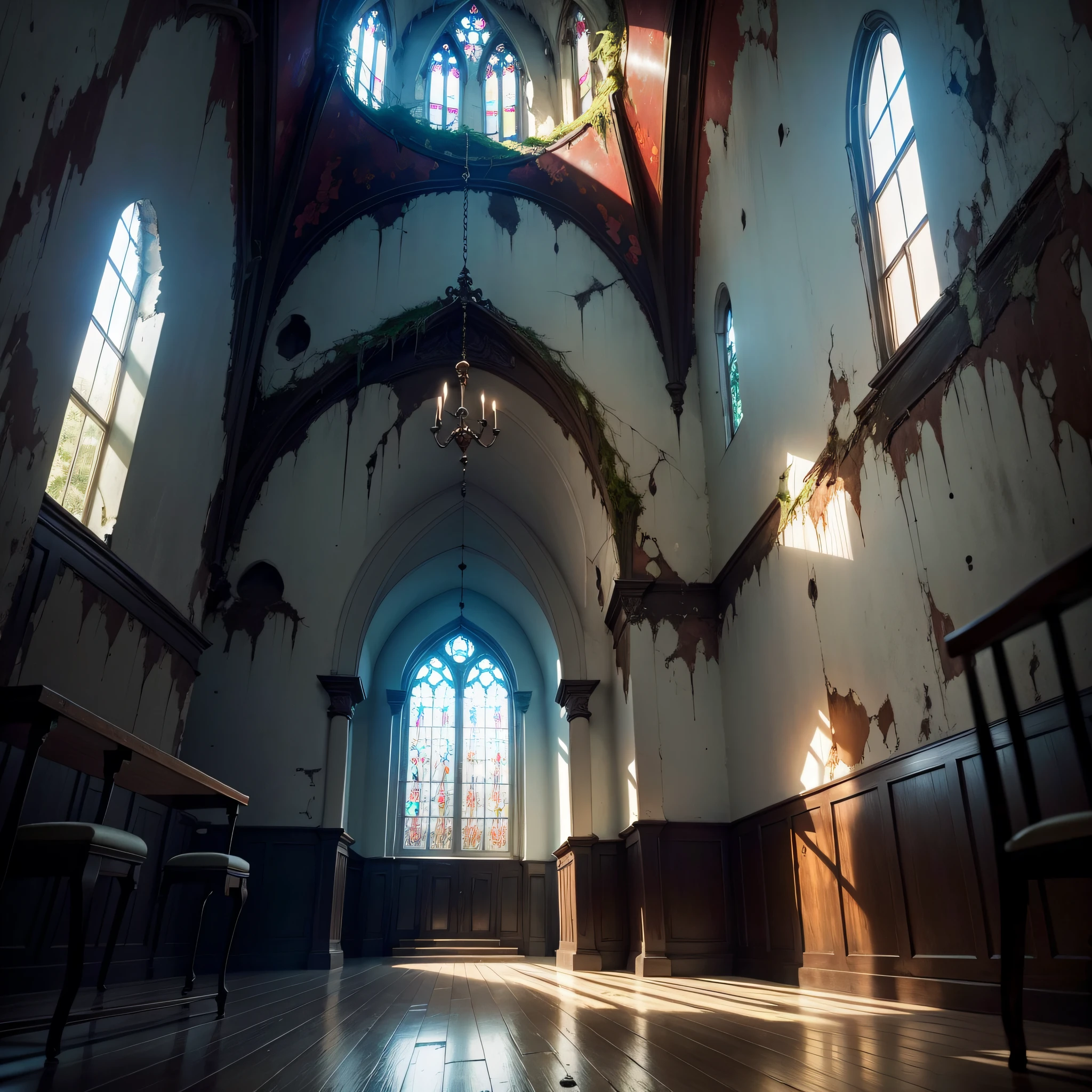 Beautiful gloomy abandoned church, colored stained-glass windows, A large cross hangs from the ceiling, A bright thin ray of sunlight falls on the floor, Red Walls, Tile