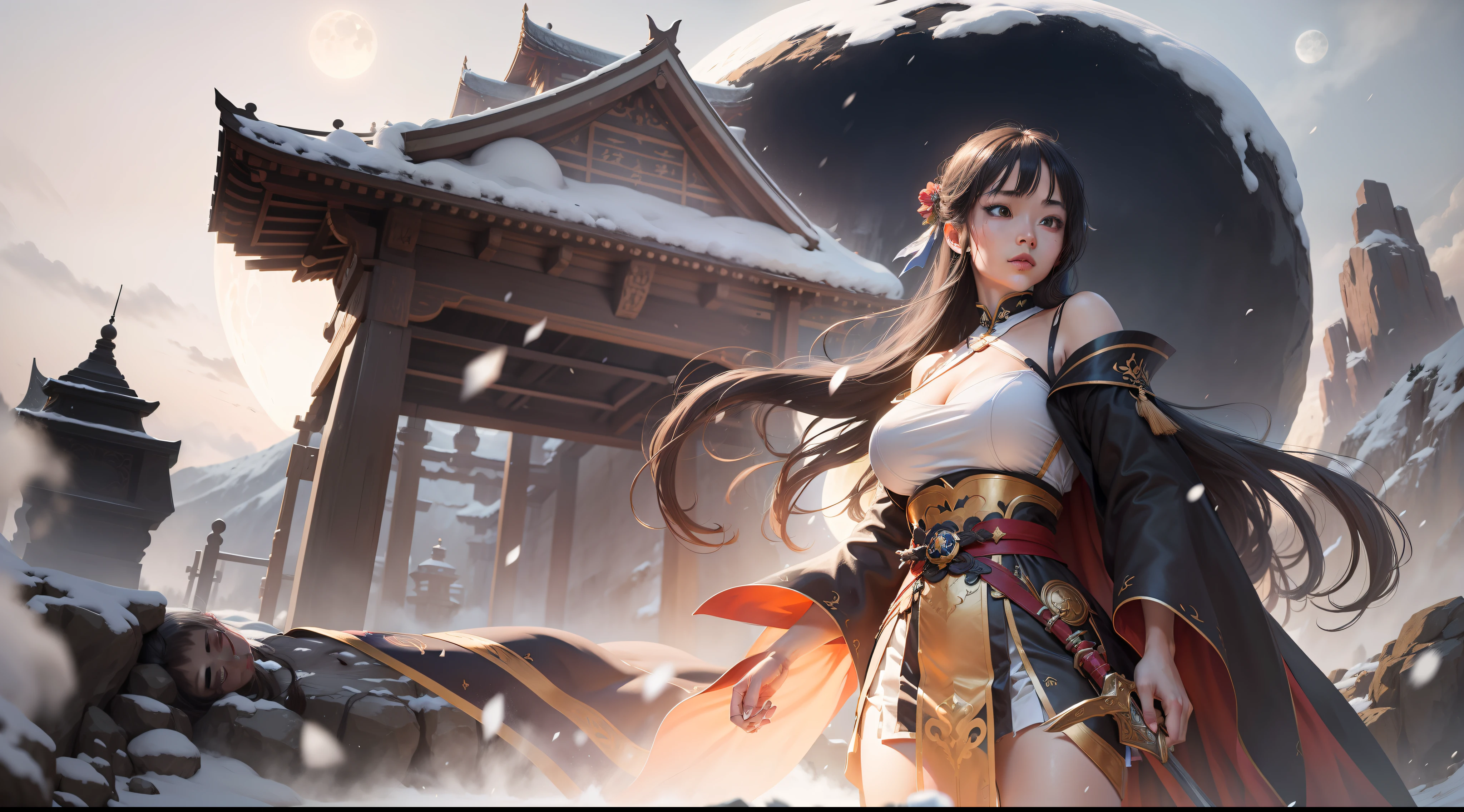 Motion blur, Depth of field，A place where strange boulders are bent，The moonlight shone on the side of the girl's face，22 year old，realisticlying，Female Taoist，no-bra，vacuum，Extra-long sleeves，Off-the-shoulder attire，huge tit，cleavage，Hanfu long skirt，Extra-long hair（1.9），Color gradient for long hair(1.5)，Messy hair，Taoist sword，Taoist costumes，Taoist charm，Barefoot，realskin，realcumAI，Snow-white skin，Snow-white thighs，Top image quality，Extreme light and shadow，From below，Colorful tights，High details，Standing painting，lines of movement，Panorama sword dance，Dance，Glowing water surrounds you，Glowing gas surrounds you，From below