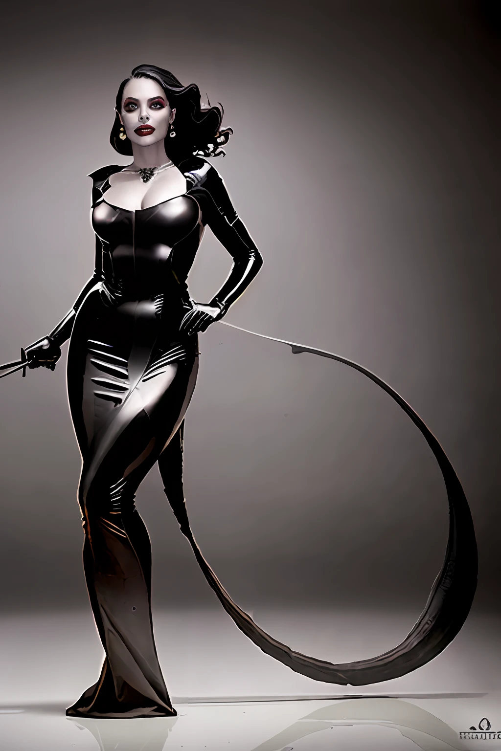 high quality raw photo, excellent composition, Front View, Full Body, Head to Feet, Photoshoot, Bombshell, scary vampire woman, black magic, Lipstick ,((Wearing Tight Slim Super Long Deep Black Shiny Metallic Vampire Latex Mermaid Long Gown ))(cinematic lighting, cinematic colors, masterpiece, high detailed, best quality, photorealistic, ultra realistic, 8k hdr:1.2