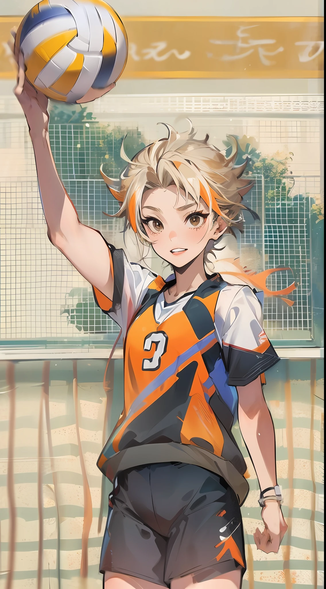 Nishinoya Yu ，独奏，1boys，tmasterpiece，best qualityer，（（1人））。（（Older），Haihisa！！nishinoya_Yuu high resolution，Ball black_hair （blonde_hair） brown_eyes clothes_writing，Feather footprints karasuno_volleyball_uniform male_focus multicolored_hair orange_shirt parted_lips playing_Sports shirt short_Hair solo （streaked_hair） Sweat two tones_hair upper_Body volleyball （volleyball_uniform） （volleyball field）