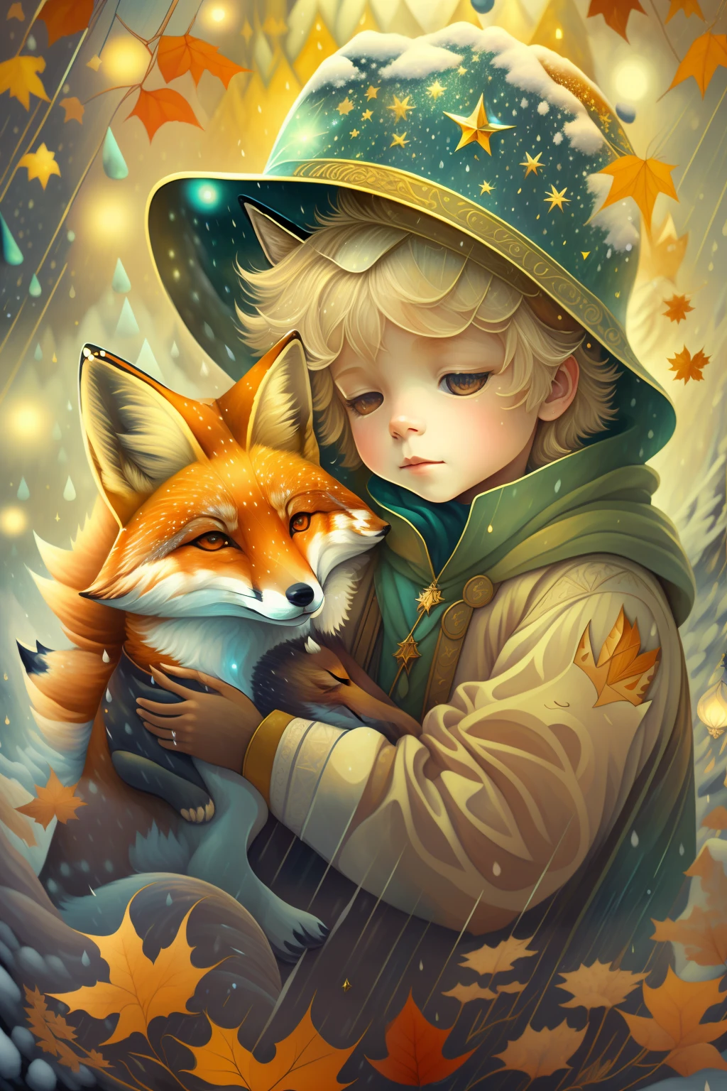 image(( ))With a fox and a star,(( The Little Pri Portrait of a magical blond prince, Fairytale painting, A bright light masterpiece, The November Prince ,Cosmic sea on a fantasy planet,((rain and snow)),breathtaking art, illustartion!, Coronation of the Autumn Prince, by Anna Haifisch, by Julia Pishtar, fantastic art, A fairytale work of art, inspiring art, fantasy fox love, Fantastic works of art