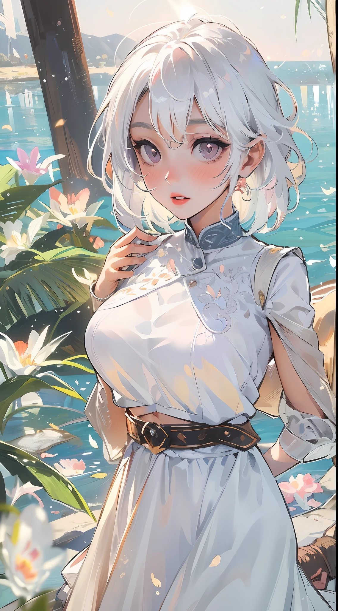 Realistic, 1girl, white hair, purple eyes, glowing eyes, cropped top, skirt, parted lips, blush, night, flowers, sun, sunlight, white skirt, short skirt, medium length hair, real, warm colors, white short Dress, white clothes, light background color, day environment, bright color background, saudi, ocean, cute,