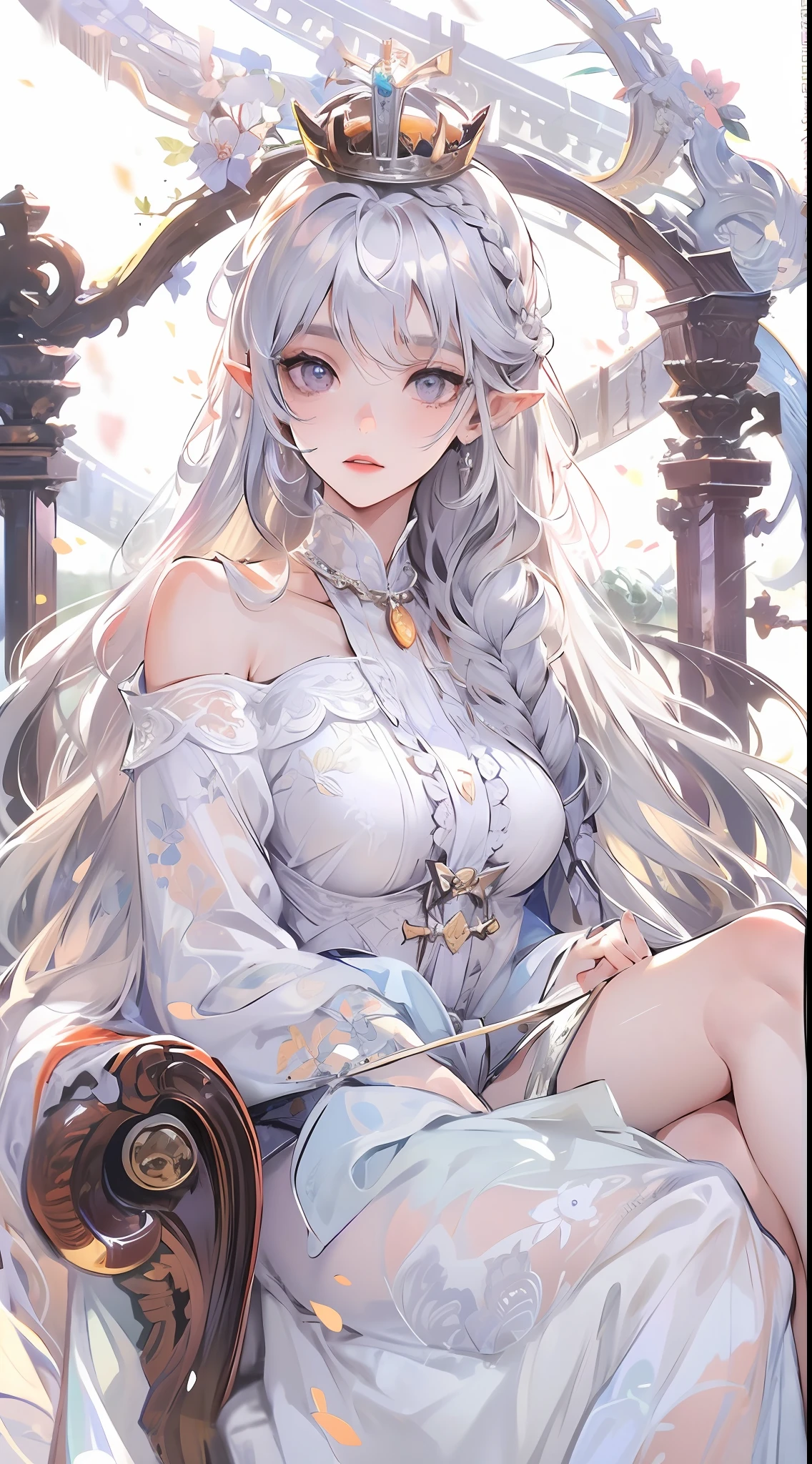 Best quality, highly detailed, masterpiece, ultra detailed, (reality: 1.2), 1 girl, (white background), simple background, delicate eyes, silver hair, purple eyes, hair_ornament, (white off-the-shoulder shirt: 1.3), long hair, pointy_ears, crown_braid, expressionless, straight hair, (++ sitting: 1.2), room,