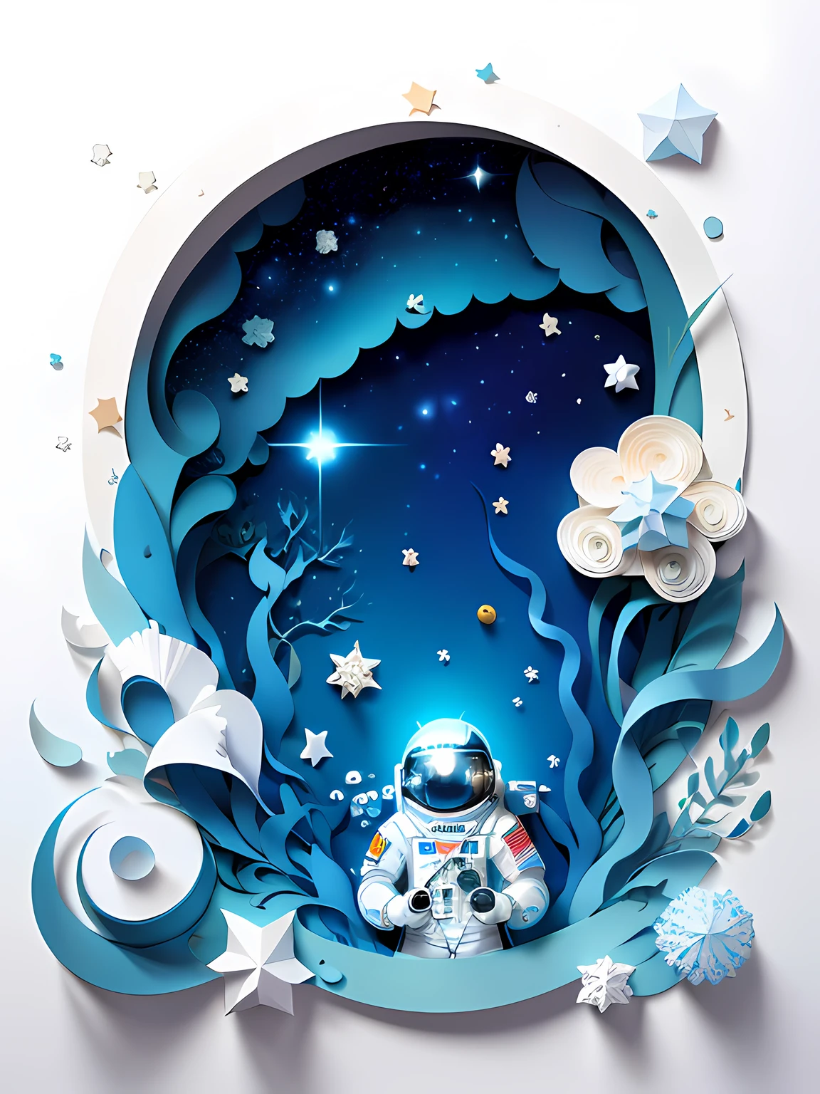 ((Masterpiece))), Best Quality, Light Blue Illustration, ((Astronaut)), Starry Sky, paper_cut, (White Background: 1.1)