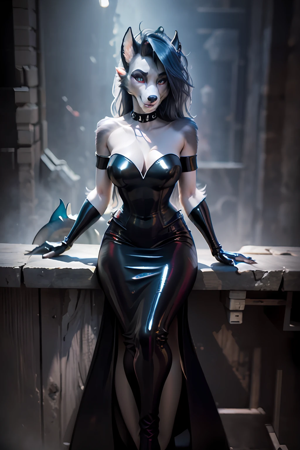(masterpiece, best quality:1.2),loona, furry, high quality raw photo, excellent composition, Front View, Full Body, Head to Feet, Photoshoot, Bombshell, vampire , black magic, in Lipstick ,((Wearing Tight Slim Super Long Deep Black Shiny Metallic Vampire Latex Mermaid Long Gown ))(cinematic lighting, cinematic colors, masterpiece, high detailed, best quality, photorealistic, ultra realistic, 8k hdr:1.2