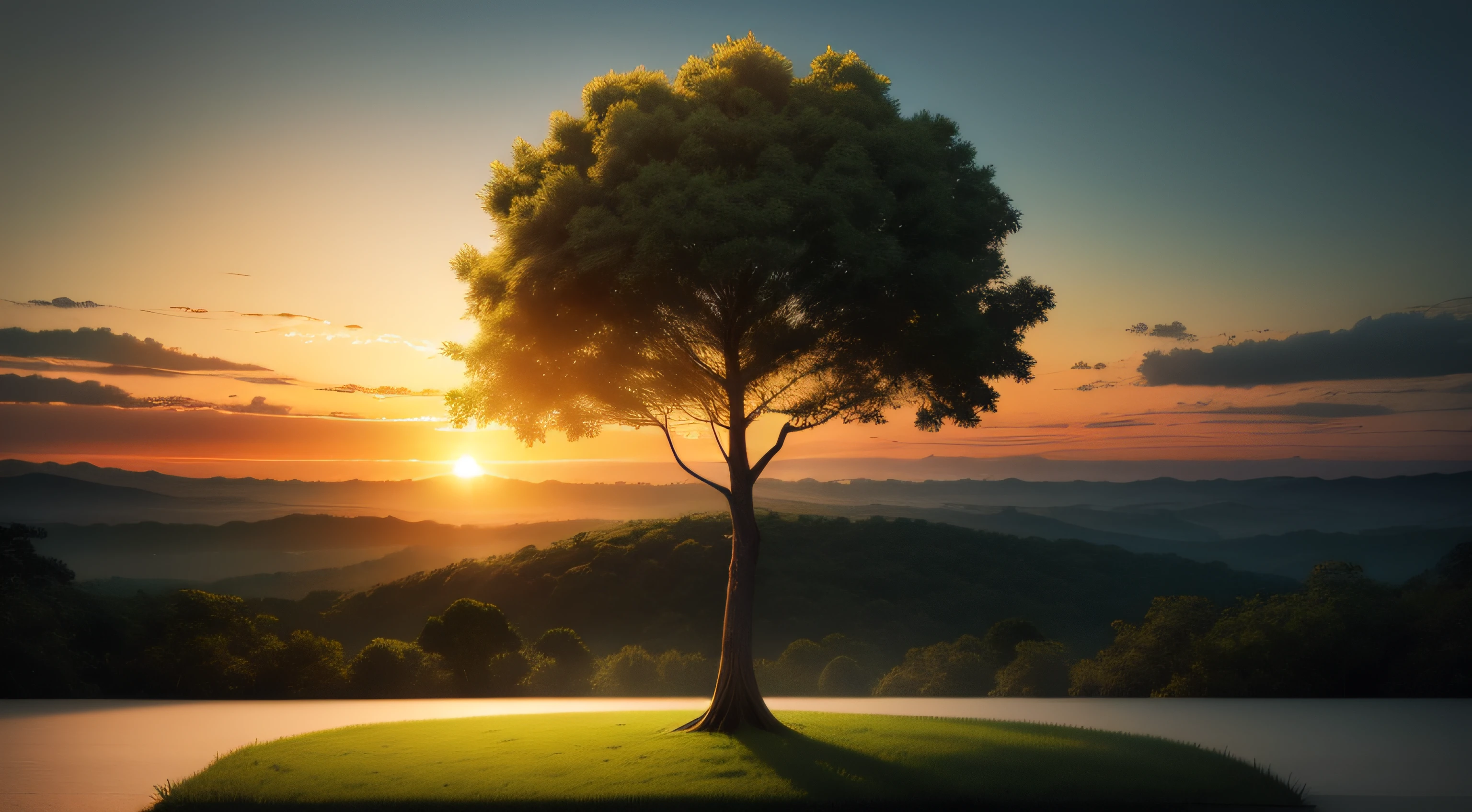 panorama small tree growing with sunrise. green world and earth day concept
