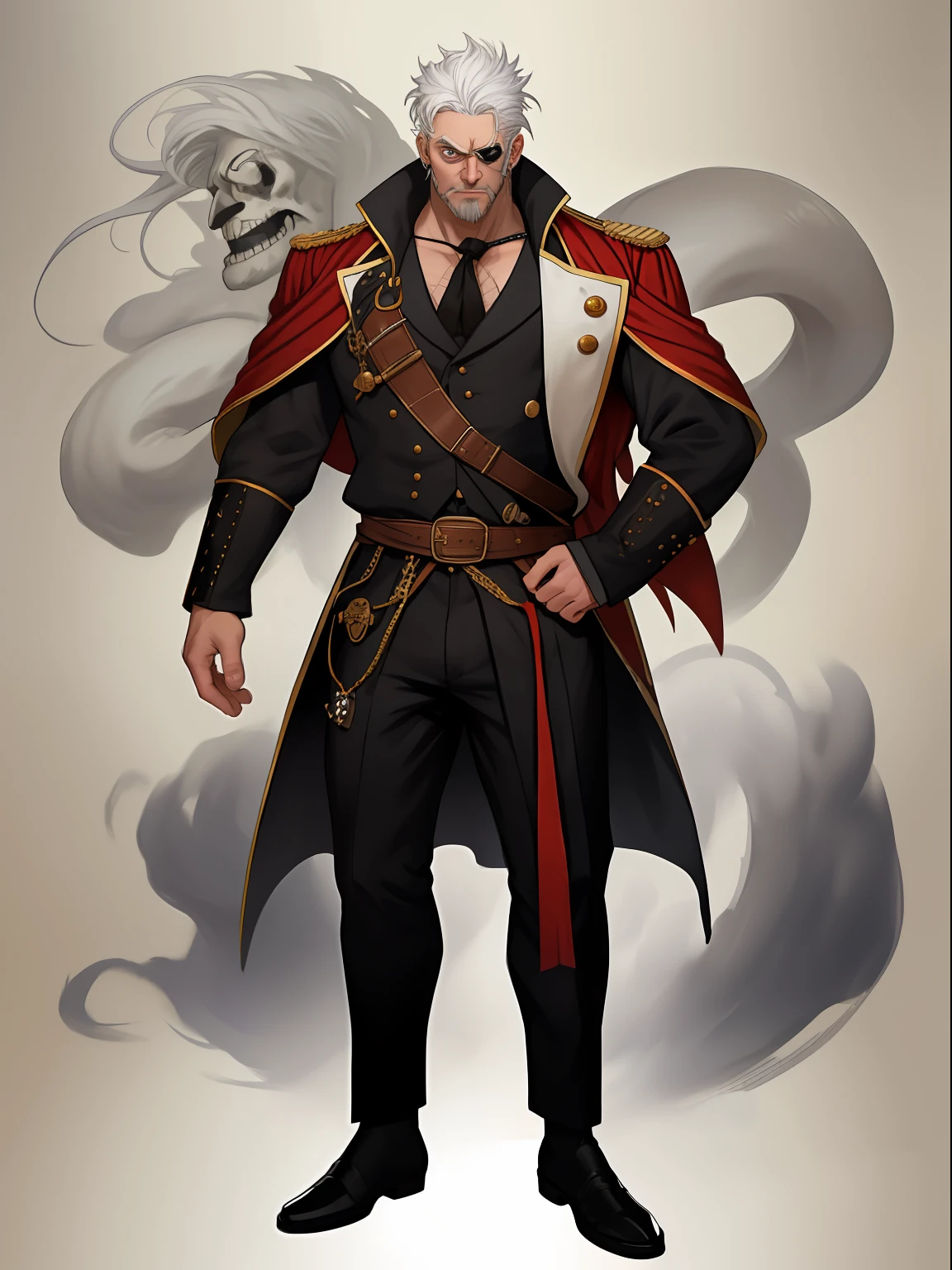 man, white hair, strong fat, pirate, eyepatch, big, full body image, 50 years