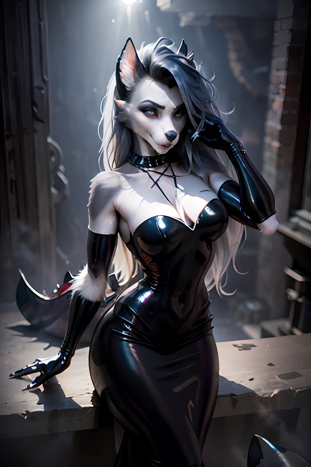 (masterpiece, best quality:1.2),loona, furry, high quality raw photo, excellent composition, Front View, Full Body, Head to Feet, Photoshoot, Bombshell, vampire , black magic, in Lipstick ,((Wearing Tight Slim Super Long Deep Black Shiny Metallic Vampire Latex Mermaid Long Gown ))(cinematic lighting, cinematic colors, masterpiece, high detailed, best quality, photorealistic, ultra realistic, 8k hdr:1.2