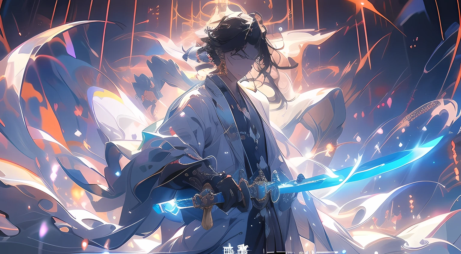A illustration,Depicts a man in a white robe,of a handsome man,Holding a long black sword,Behind him was a sea of fire,There was a hint of cunning and disdain in his eyes。。Opposite was a man wearing a cyan robe,A handsome man holds a long silver knife,Behind him is a towering golden stupa,There was a hint of justice and firmness in his eyes。There is a deep gap between the two,The gate and the magic gate separated。On the hillsides on both sides,There are many disciples of the Daomen and the Demon Gate,They all looked at the two with expressions of horror and helplessness。,As if begging them not to fight anymore。The style of the picture is ancient China,vibrant with colors