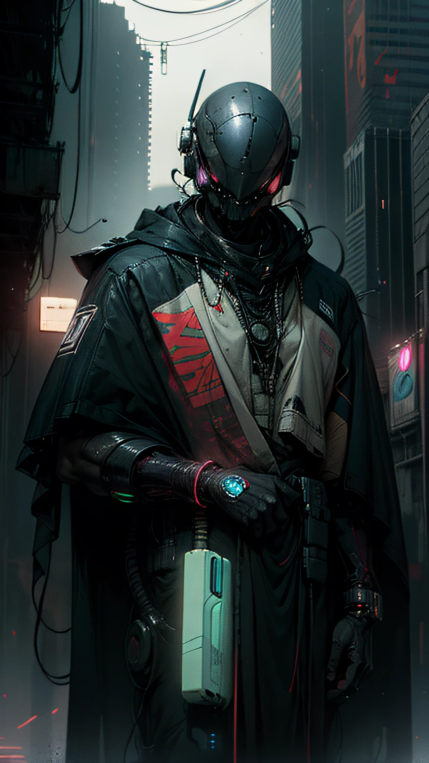 Robort Derpd Ranger trabaja para Scifi Mega Corporation, elite corporate enforcer patrolling the streets, wearing detailed multi color robes cape, Oficinas corporativas,Escena cyberpunk, Calle concurrida, Neon lights, red plastic clothing