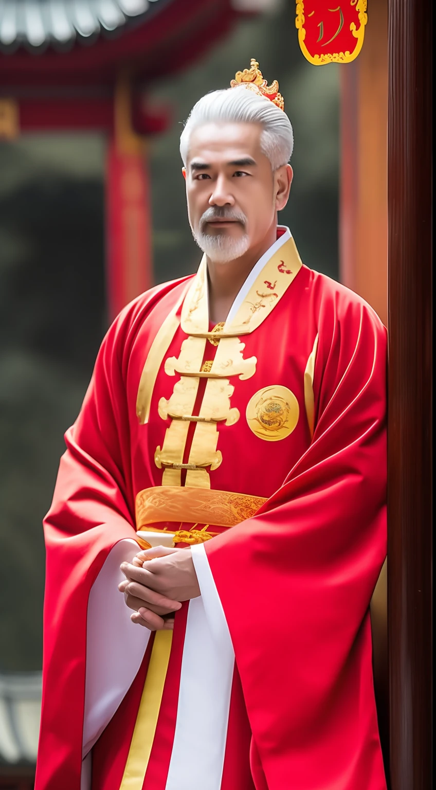 Masterpiece, Highest quality, (solofocus),, (High detail: 1.1),dojo,Red and yellow robes,The male, Man, chinese crown, 1人,and white hair,超高分辨率 , Detailed background, realisticlying, wearing a detailed and intricate xianxia antique outfit