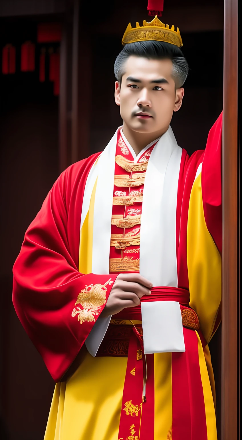 Masterpiece, Highest quality, (solofocus),, (High detail: 1.1),dojo，Red and yellow robes，The male， Man, chinese crown, 1人,and white hair,超高分辨率 , Detailed background, realisticlying, wearing a detailed and intricate xianxia antique outfit