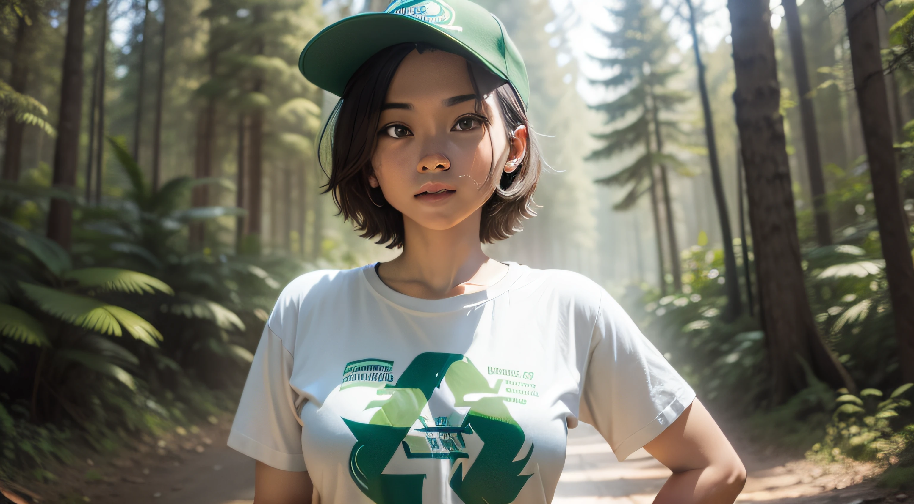 environmental activist in the forest wearing recycle t-shirt