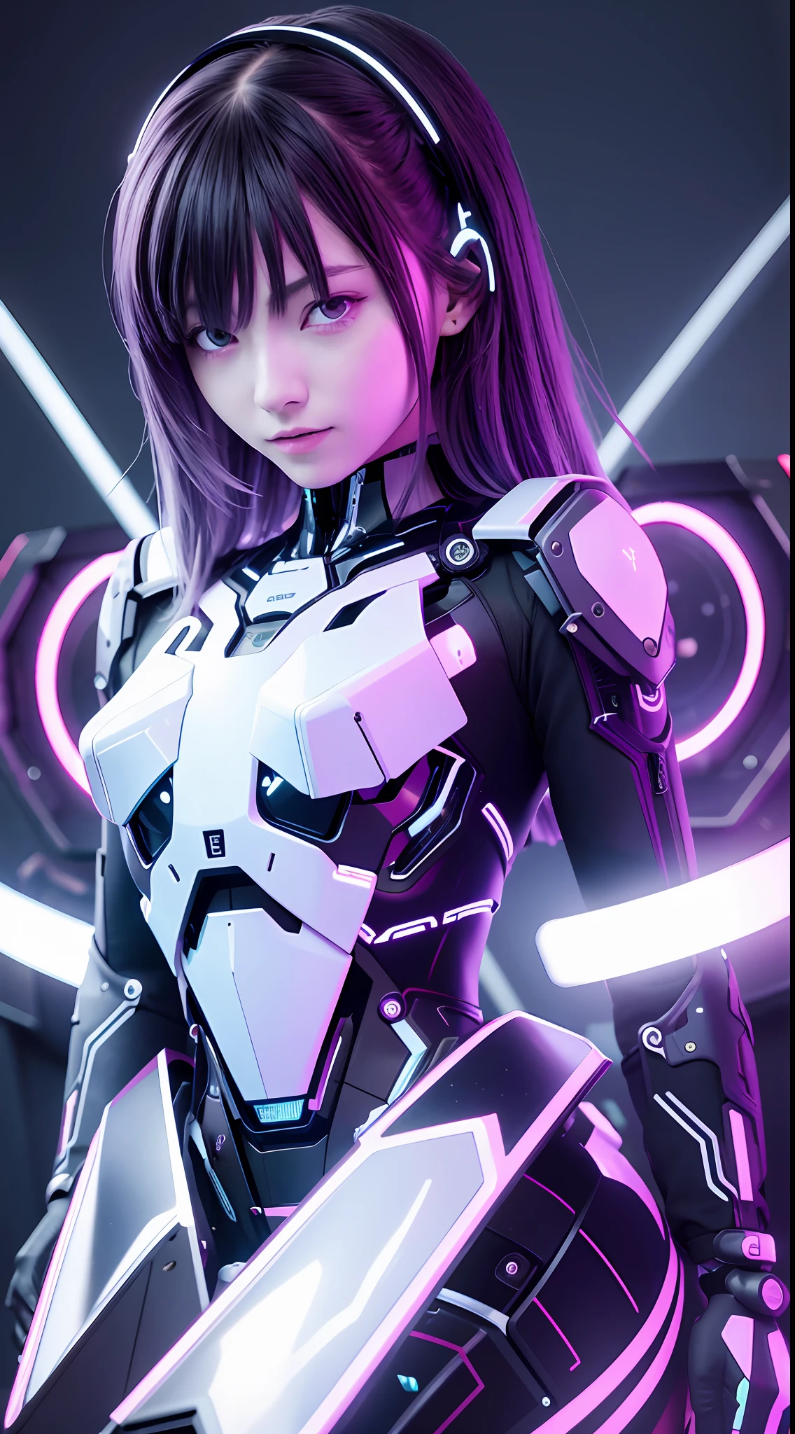 （tmasterpiece， best qualtiy， beuaty girl， Nice face：1.2），Body makeover，wide angles， 8K，RAW photogr， Incredibly Ridiculous res，Glowing wire lines on the face ， View viewer，  Face light， filmgrain， color difference， Sharp focus， 动态照明， cinmatic lighting， best qualtiy， tmasterpiece， hyper HD， （realisticlying： 1.4）， RAW photogr， 1 rapariga，  Glossy glossy skin， 1 Cyberpunk Girl， （（（hyper realistic detailed））， sportrait， globalillumination， shadowing， rendering by octane， 8K， Super sharp， Glow skin， Realistic skin，The groove exposes the original skin， metals， Intricate decorative details， Evangelion details， very complex details， realistic raytraicing， CGSoation trends， Purple eye， glowing light eyes， facing at the camera， neon light detail， Mechanical limbs，  mechanical cervical attachment to the neck，Wires and cables are connected to the head，Electronic board，Digital circuits，cpu，Many small LED lights，The background is a futuristic server room，