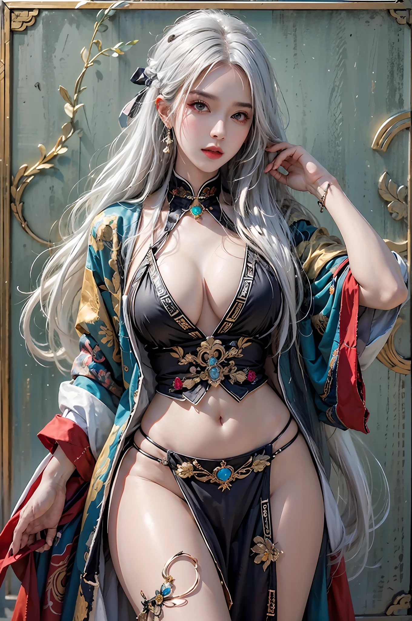 photorealistic, high resolution, 1women, solo, hips up, look at viewer, (detailed face), white hair, long hair, colorful Taoist robe, oversized clothes, jewelry