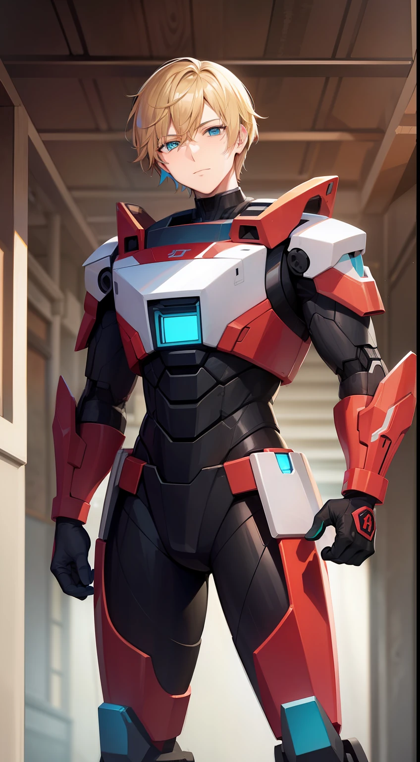 Young guy, short blonde hair, Cyan eyes, Autobot's red armor, Masterpiece, hiquality