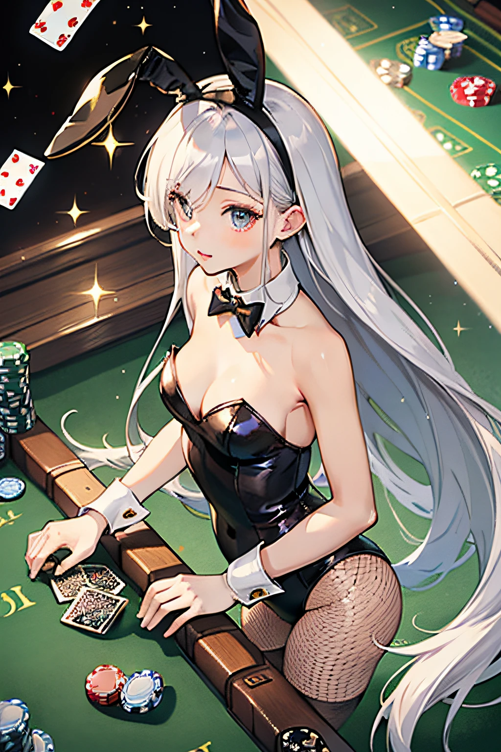 ((worst quality, low quality)), rabbit ears girl, solo, playboy , slender, (()),  ((long silver hair)), hair over one eye, plump glossy lips, beautiful clear eyes, spoken heart, ((playboy )),  fishnet Tights, embarrassed, leaning forward, hold both hands, (light particles, light sparkles, light rays:1.4), ( casino background, small Dice, falling playing cards:1.3), high angle shot, casino, masterpiece