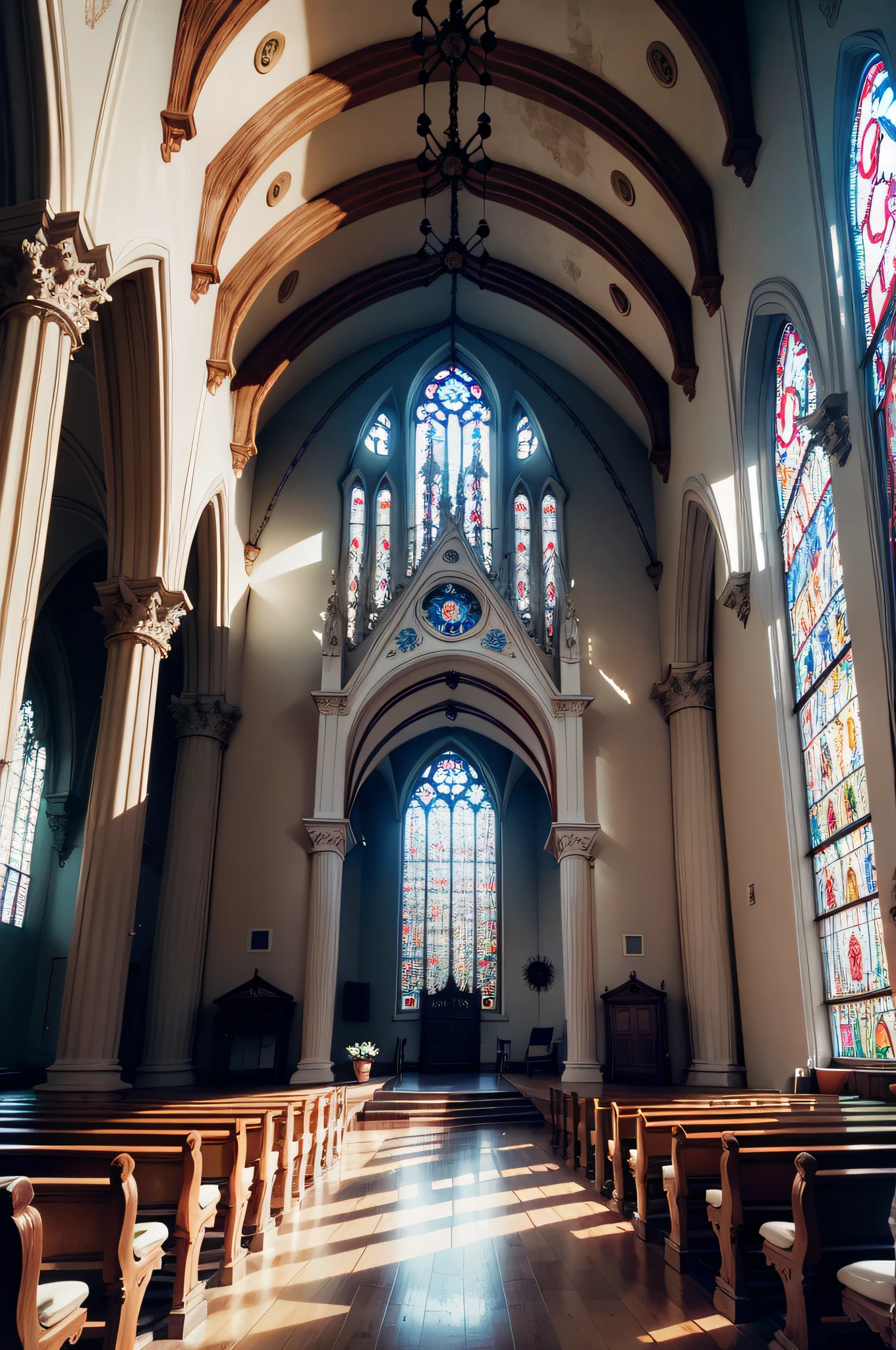 Beautiful gloomy church, colored stained-glass windows, A large cross hangs from the ceiling, A bright thin ray of sunlight falls on the floor, Red Walls, Tile