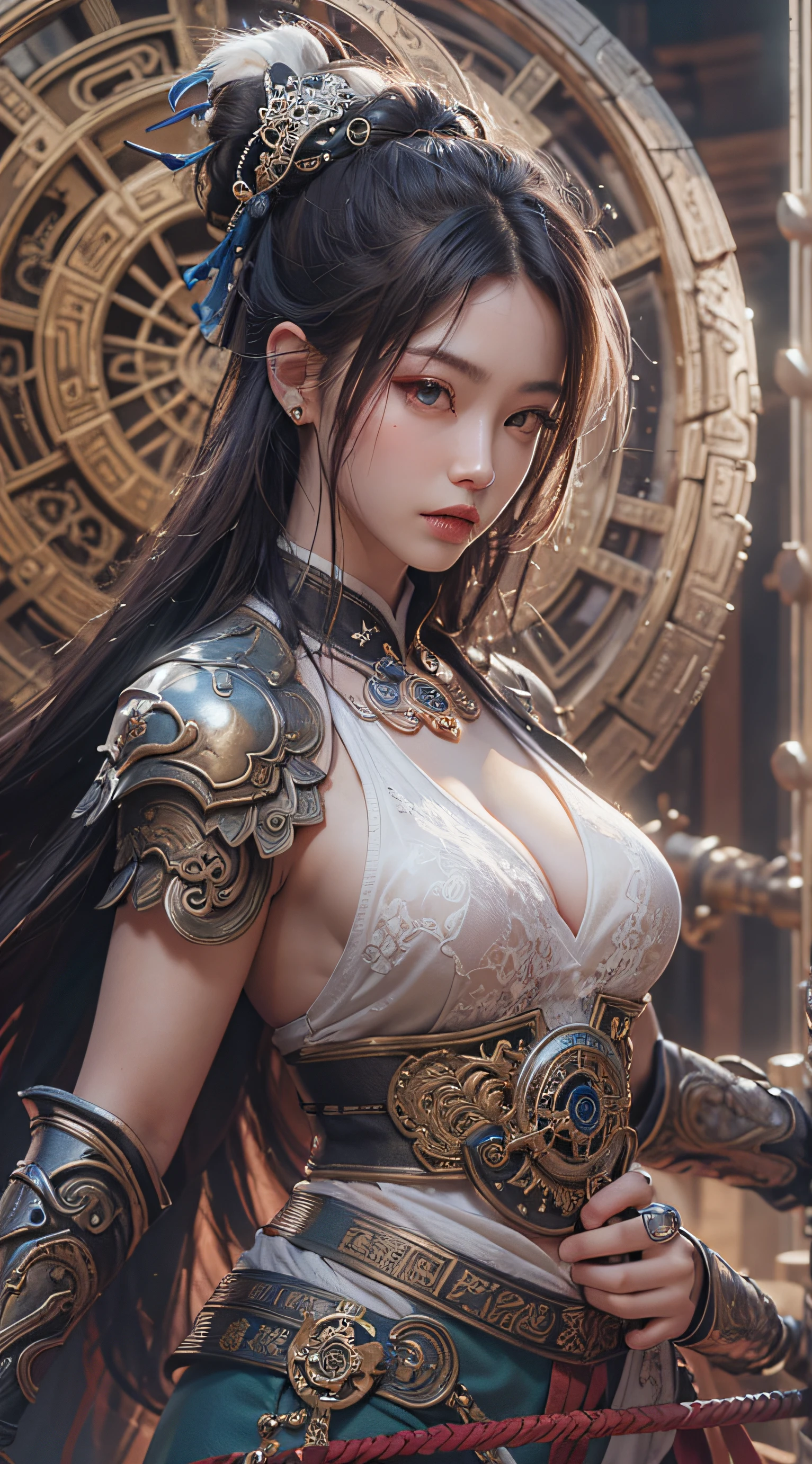 Best quality,masterpiece,ultra high res,(photorealistic:1.4),xiuxian,weapon,Detailed face, 1girl,solo,weapon,cleavage,(magic circle:1.2),xiuxian,upper body,Beautiful girl,full body,huge breasts,east asian architecture,sheath,architecture,