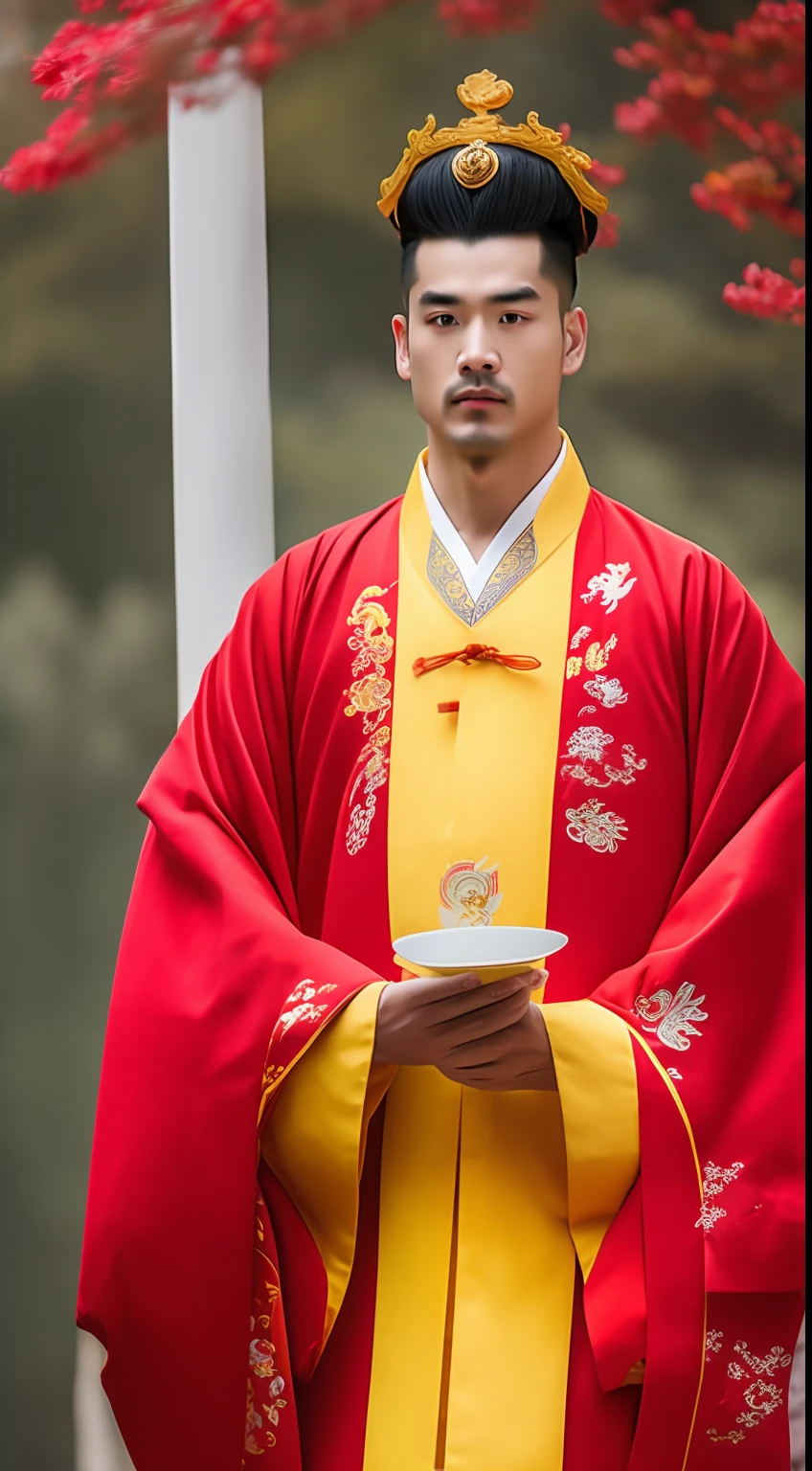 Masterpiece, Highest quality, (solofocus),, (High detail: 1.1),dojo,Red and yellow robes,The male, Man, chinese crown, 1人,and white hair,超高分辨率 , Detailed background, realisticlying, wearing a detailed and intricate xianxia antique outfit