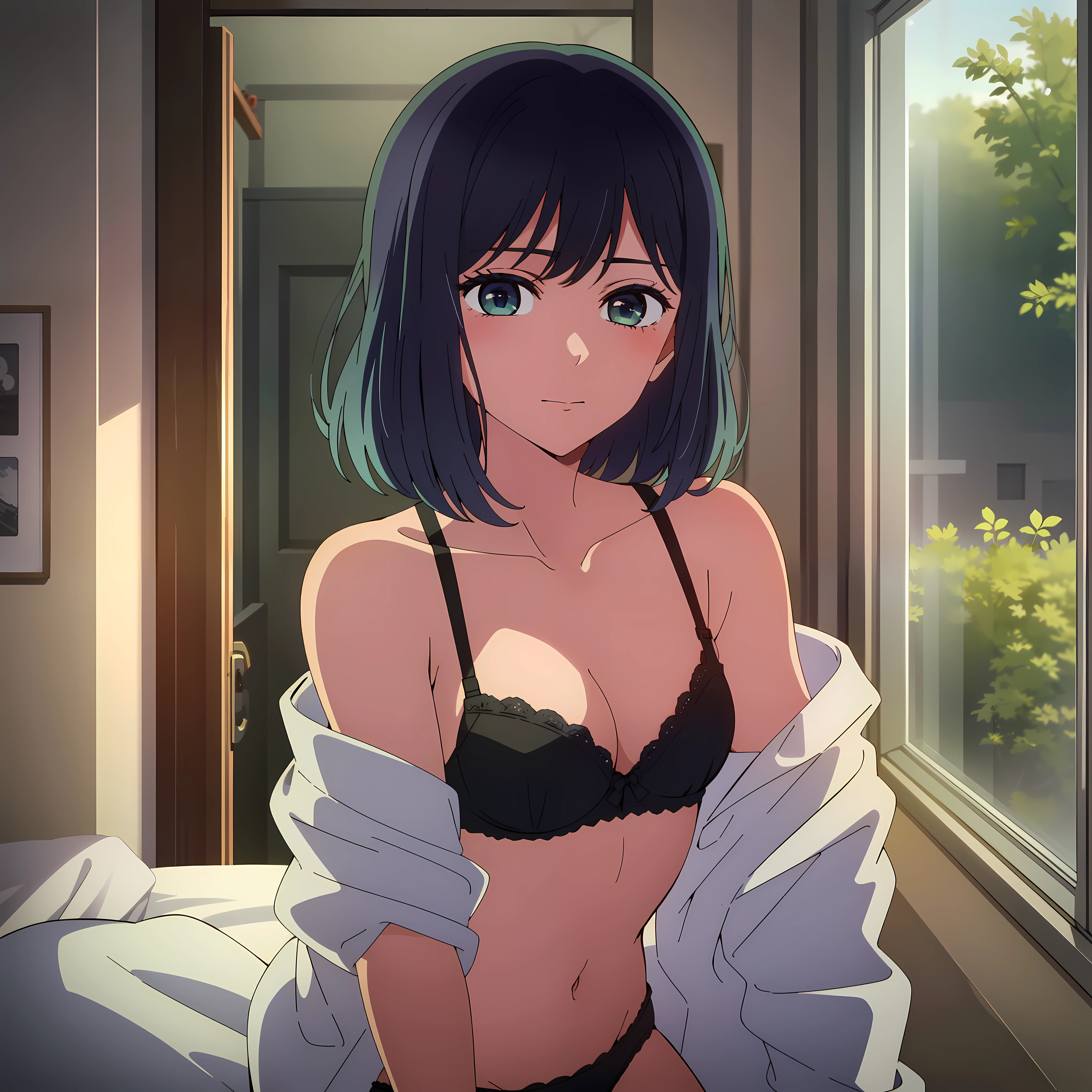 masterpiece, high quality, 8k, beautiful lighting, 1girl, solo, akane, portrait, bush, looking at viewer, black panties, black bra, bed room, medium breasts, short hair
