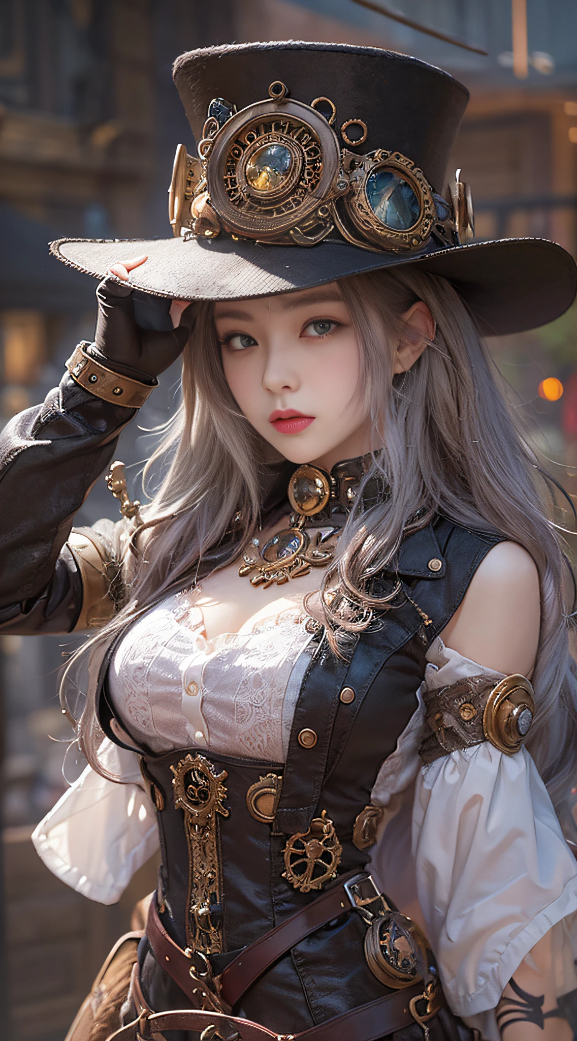 Lady of Alafed – Steampunk costume and hat pose, steampunk beautiful anime woman, by Yang J, guweiz on artstation pixiv, Stunning character art, cushart krenz key art feminine, fantasy outfit, guweiz on pixiv artstation, chengwei pan on artstation, style of wlop