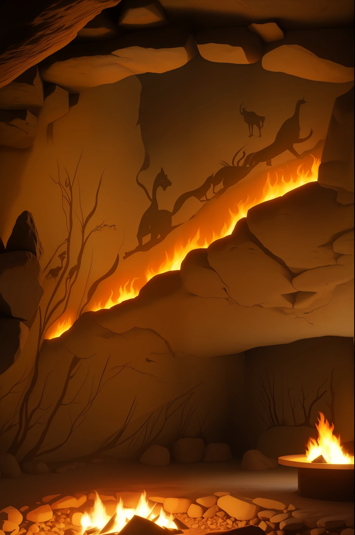 prehistoric cave art of prehistoric animals, primitive drawing mural on cave wall, lighted by bonfire,