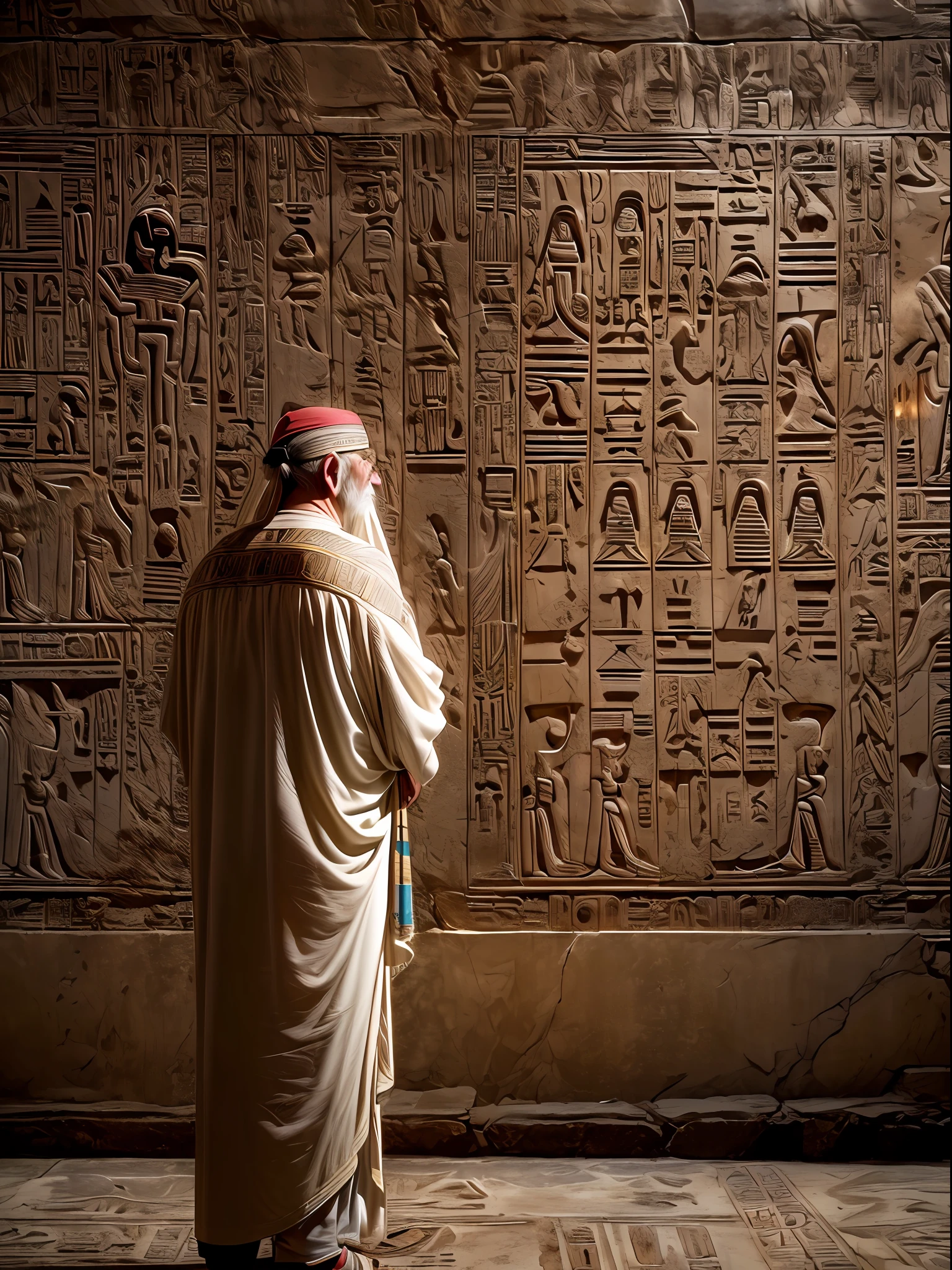 (masterpiece, high resolution:1.3), (photo of an ancient Egyptian wall adorned with detailed hieroglyphs:1.2), (Sony Alpha 1 camera, renowned for capturing exceptional detail in low-light conditions:1.2), (paired with the Sony FE 24-70mm f/2.8 GM lens for a sharp and atmospheric shot:1.2), (the wall marked with intricate symbols and engravings from 3000 years ago:1.3), (the torchlight scattered throughout the room, casting dancing shadows on the ancient stone:1.3), (Sony Alpha 1 camera capturing the delicate details of the hieroglyphs and the warm glow of the torches:1.2), (an elderly sage standing with his back to the camera, engrossed in contemplation:1.1), (his long white beard and aged features reflecting wisdom and experience:1.2), (the elderly sage intently gazing at the wall in front of him, deciphering the ancient script:1.2), (his robes draping gracefully as he stands in the dimly lit chamber:1.1), (the torchlight illuminating his figure and the wall he studies:1.3), (the elderly sage unaware of the presence of the photographer, immersed in his scholarly pursuit:1.2), (the high-resolution photo preserving every detail of the hieroglyphs:1.3), Cinematic, Hyper-detailed, insane details, Beautifully color graded, Unreal Engine, DOF, Super-Resolution, Megapixel, Cinematic Lightning, Anti-Aliasing, FKAA, TXAA, RTX, SSAO, Post Processing, Post Production, Tone Mapping, CGI, VFX, SFX, Insanely detailed and intricate, Hyper maximalist, Hyper realistic, Volumetric, Photorealistic, ultra photoreal, ultra-detailed, intricate details, 8K, Super detailed, Full color, Volumetric lightning, HDR, Realistic, Unreal Engine, 16K, Sharp focus, Octane render