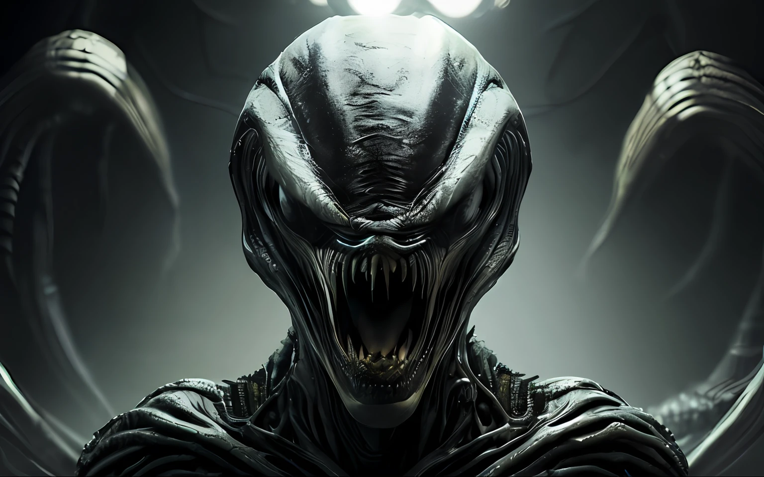 The alien from the movie 'Alien', ( ( ( alien ) ) ), Xenomorfos, From the Aliens franchise, preto xenomorfo brilhante (Cinematographic photo:1.3) de (Ultra detalhado:1.3) Alien\ (covenant 2017\), epic, olhar raivoso, dentes afiados,olhar feroz, Dynamic Stance, acid in the mouth