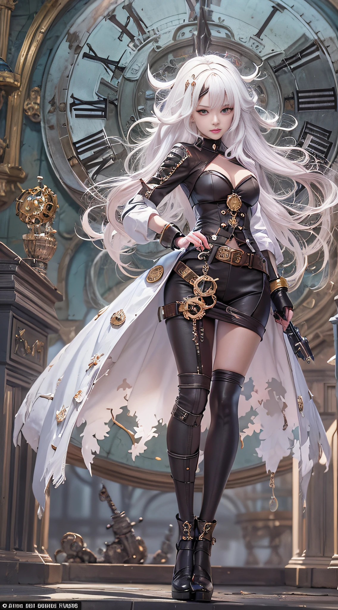Anime girl with white hair and steampunk costume standing in front of the clock tower, steampunk beautiful anime woman, steampunk fantasy style, Vivid steampunk concept, 2. 5 d cgi anime fantasy artwork, mechanized witch girl, cushart krenz key art feminine, anime fantasy artwork, a steampunk beautiful goddess, Steampunk Girl, rococo cyberpunk