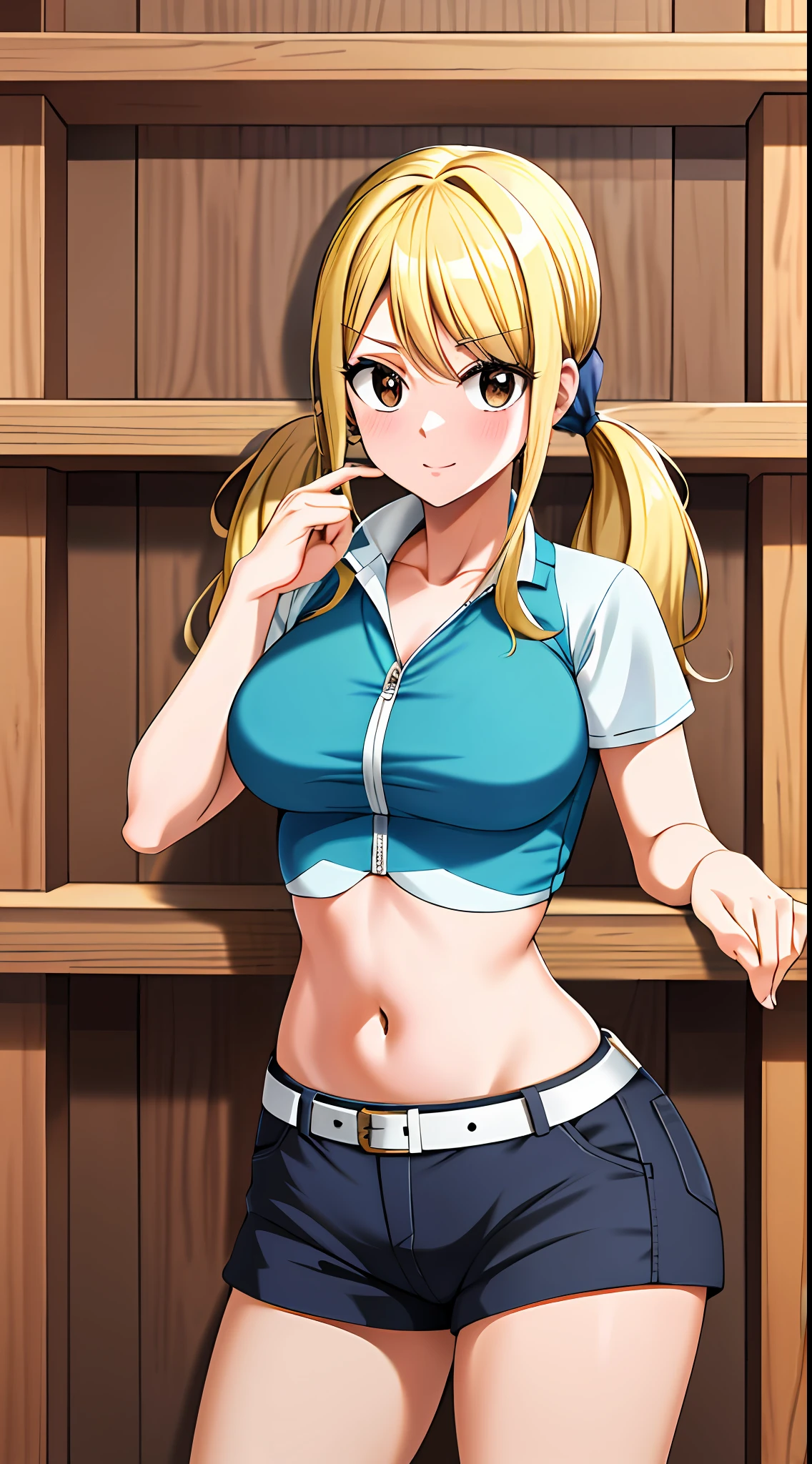 obra-prima, melhor qualidade, highres, lucy heartfilia, cabelo loiro, twintails, seios grandes, coxas pretas, mangas destacadas, midriff, colete cropped, tomara que caia, cinto, saia preta, tiro de cowboy, dentro de casa, standingn, peito grande, apertado