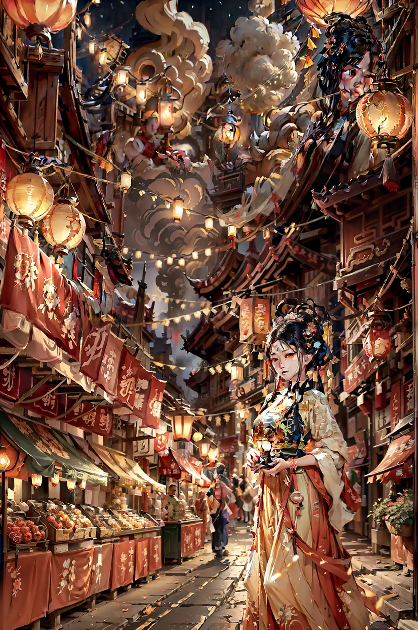 Many lanterns hang from the ceiling above the street，Rosla global lighting, trending on cgstation, A beautiful artwork illustration, Anime background art, Guweiz in Pixiv ArtStation，Ancient Chinese night market，Embody vitality，Bustling