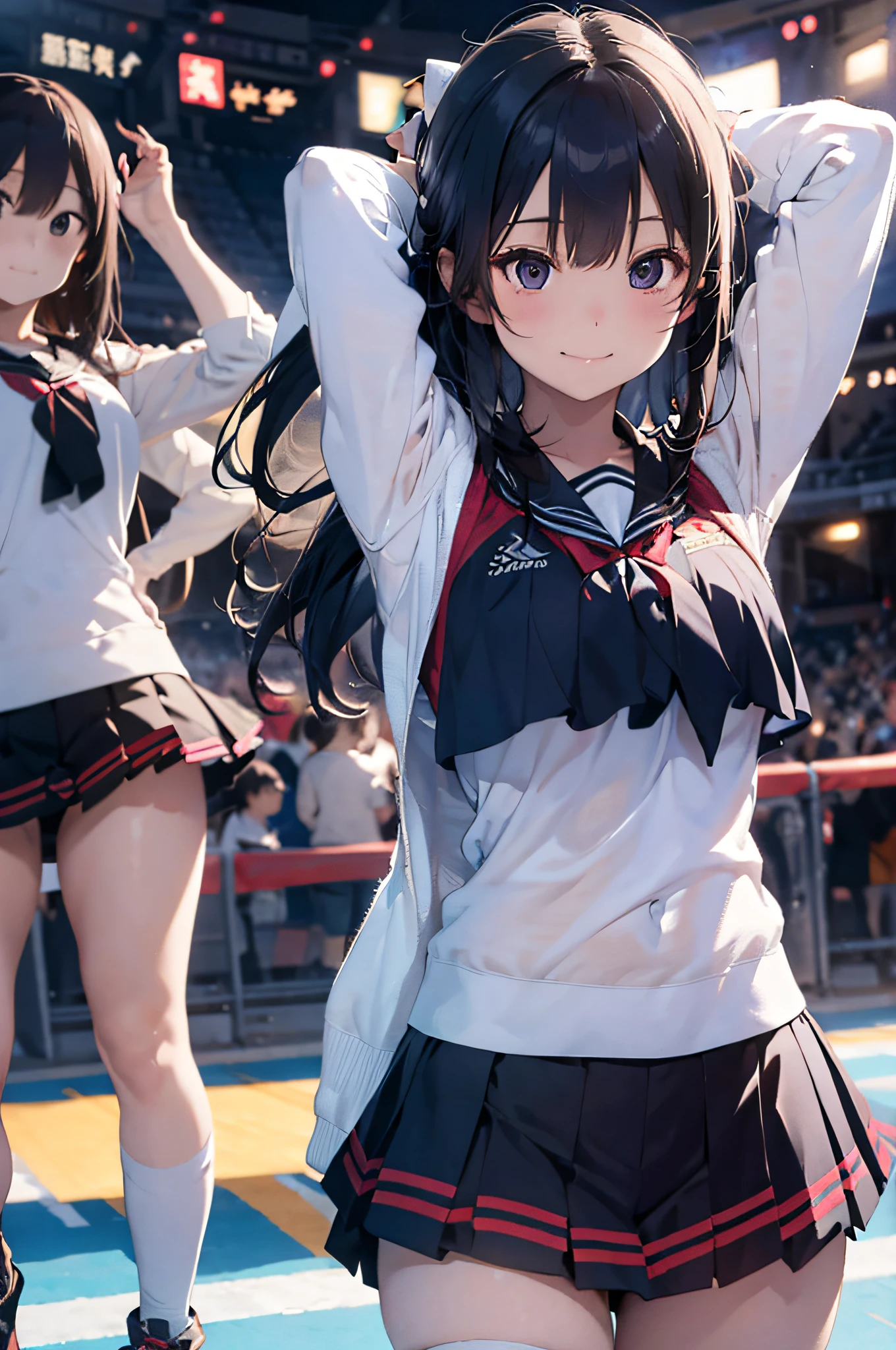 Asian cheerleaders dancing with big pom-poms in stadium stands、a closeup、tiny chest、Raw photography, top-quality, hight resolution, (masterpiece), (Photorealsitic:1.4), professional photograpy, foco nítido, nffsw, 8K分辨率, intricate detailes, depth of fields, the Extremely Detailed CG Unity 8K Wallpapers, front lit, girl with, A smile、A slender、Korean style uniform、Peeking from below、(skinny thigh)、I see underwear、Wear a hat on your head、