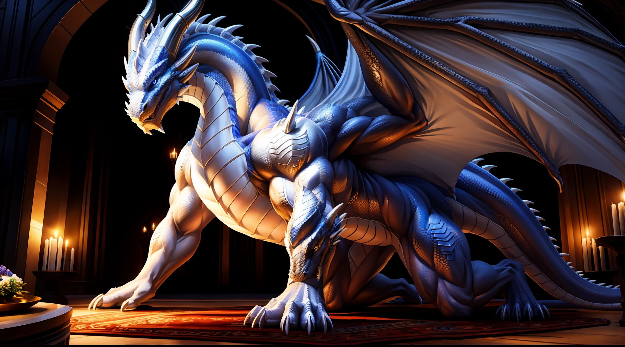 Dragon image：Western Dragon，Delicate faucets，Thin dragon tail，Huge dragon claws，Gorgeous Dragon Horn，White body，Smile Expression，Blue vertical pupils，Ambient lighting，Excellent detail throughout the body，The white dragon spreads its wings，extreme hight detail，Ray traching，Fine shadows，Best shadow effect，Masterpiece 8K HD，Huge body，full bodyesbian，standing on all fours，Contrast small objects highlight the bulky body。