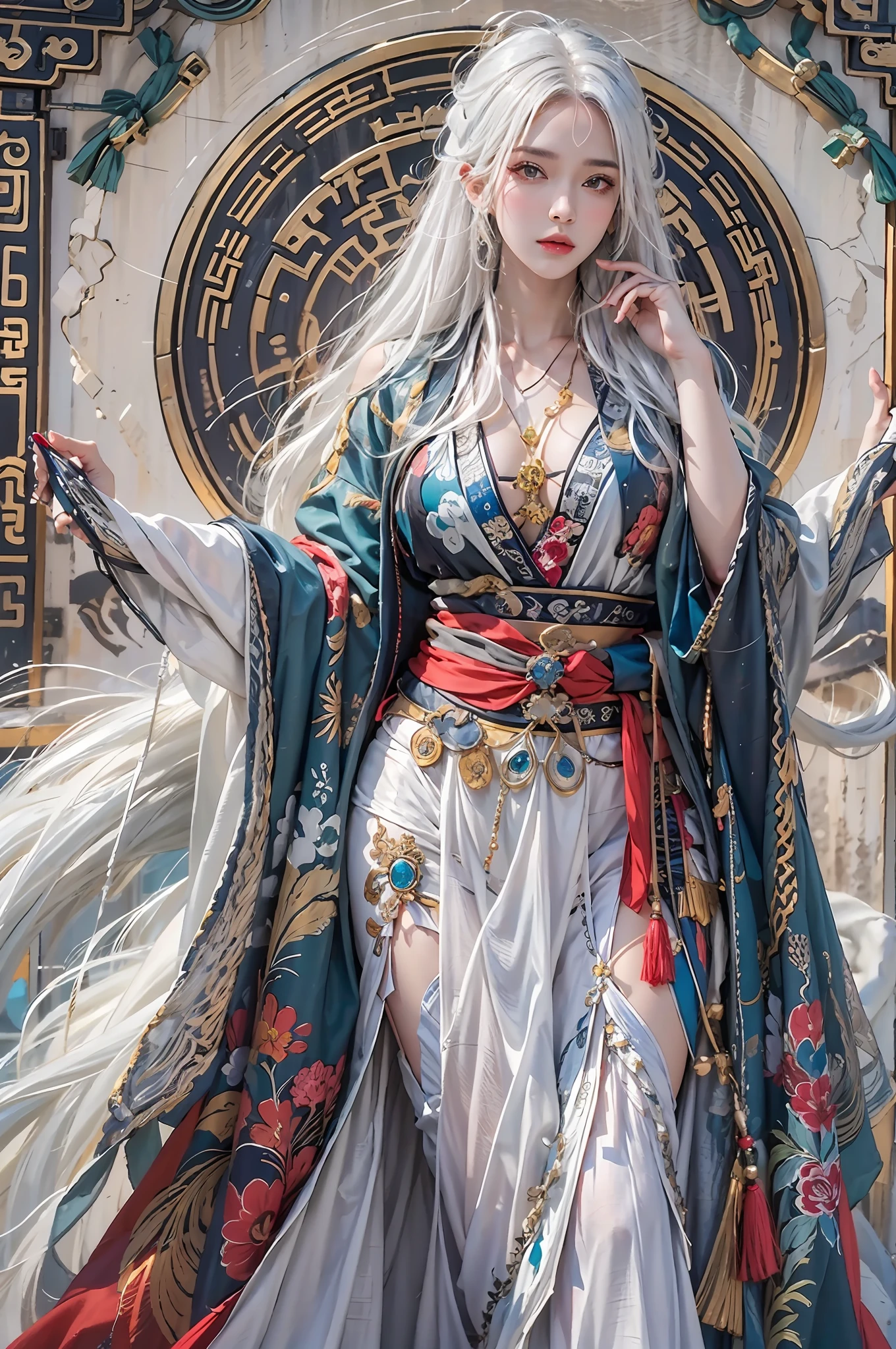 photorealistic, high resolution, 1women, solo, hips up, look at viewer, (detailed face), white hair, long hair, colorful Taoist robe, oversized clothes, jewelry