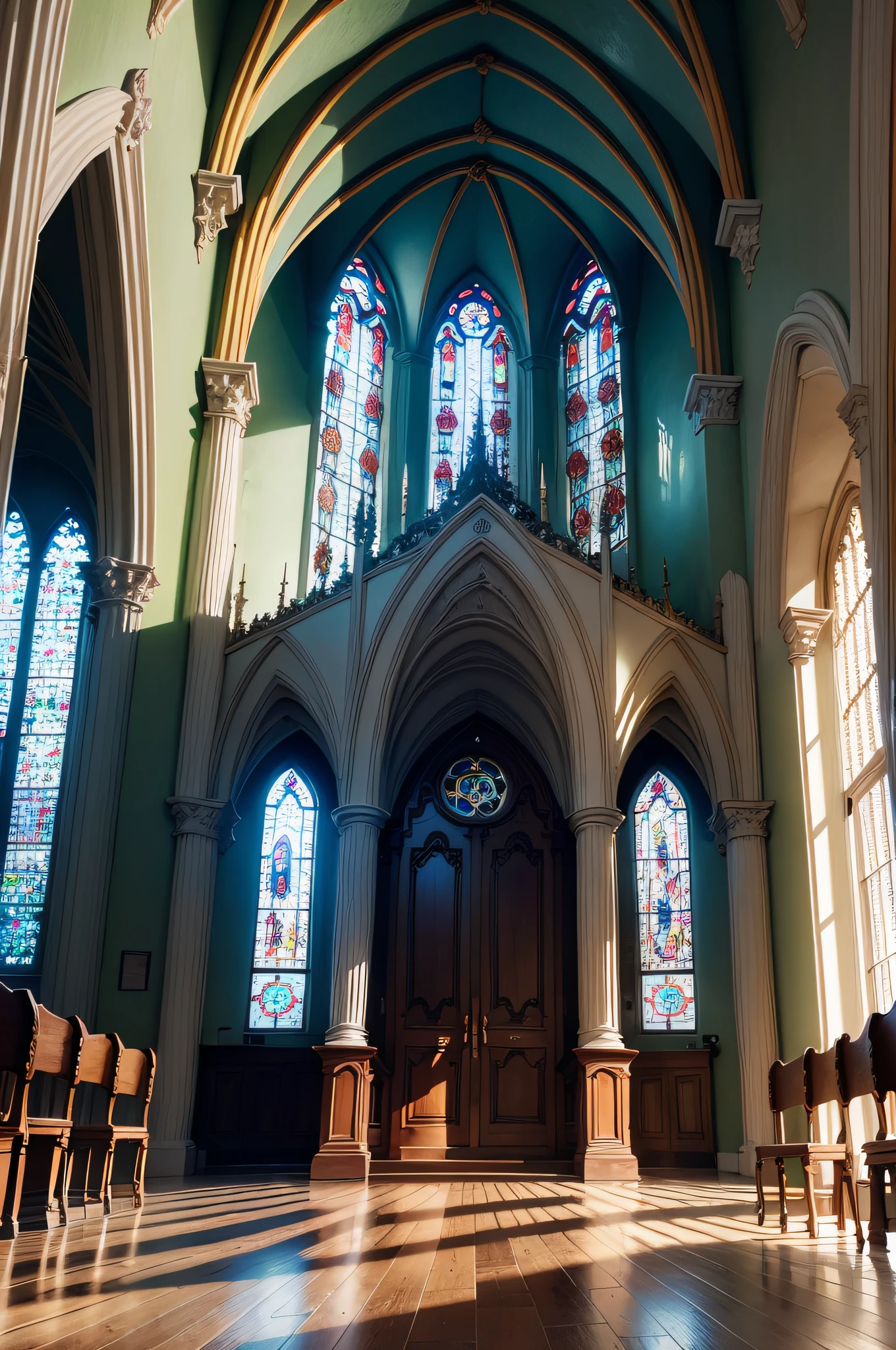Beautiful gloomy church, colored stained-glass windows, A large cross hangs from the ceiling, The vibrant, A thin beam of sunlight falls on the floor, Red Walls