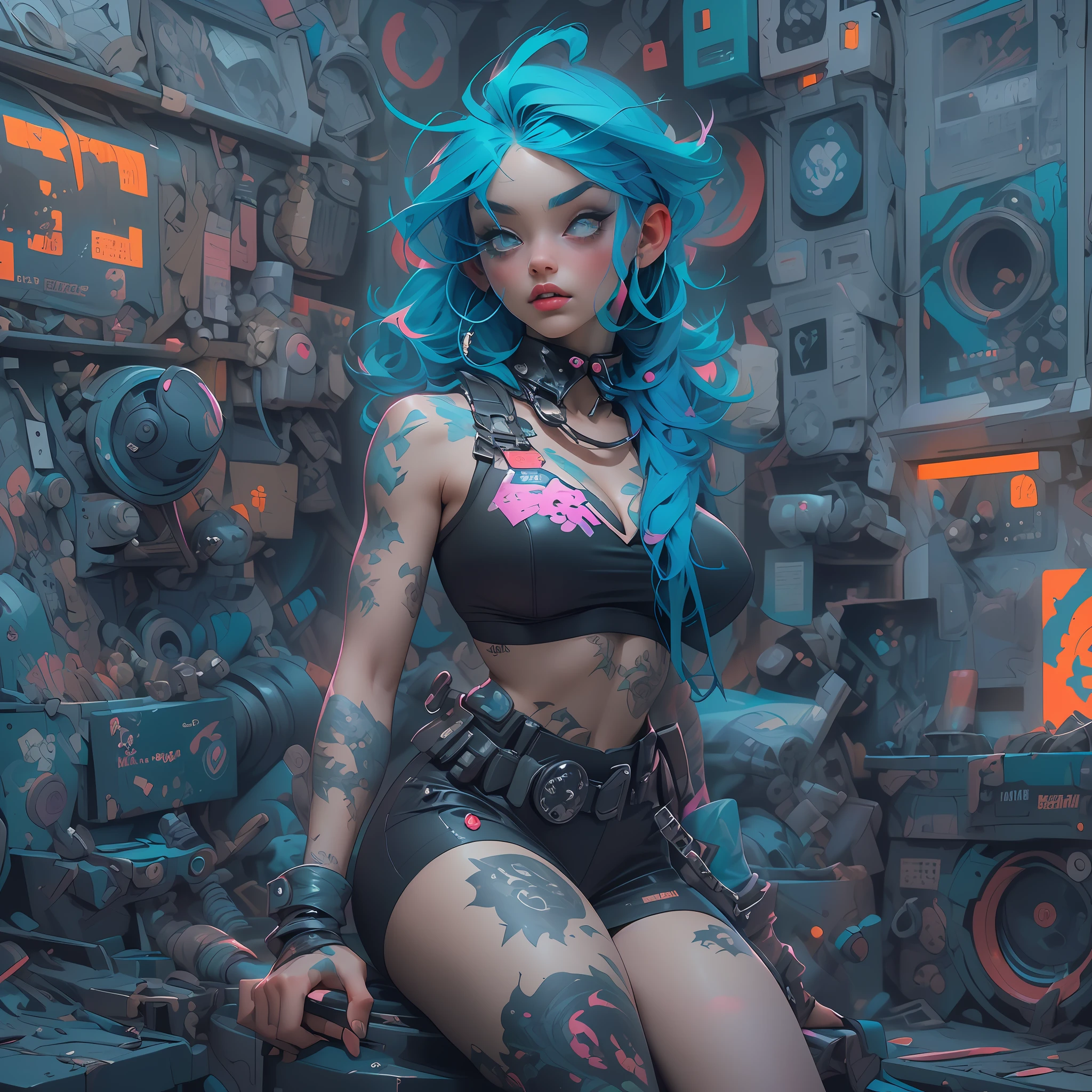 ((Best quality)), ((Masterpiece)), ((Realistic)) and ultra-detailed photography of a 1nerdy girl with goth and neon colors. She has ((Blue hair)),Exudes breath ((Beautiful and aesthetic)), Sexy, underboobs, Hot