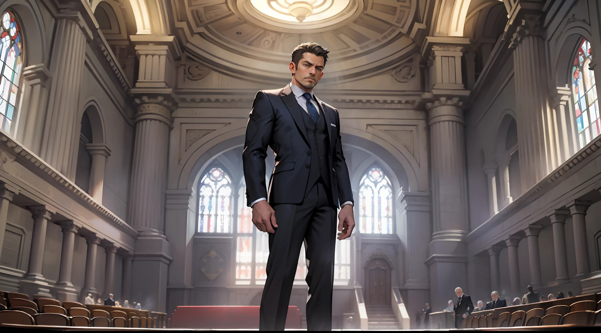 "Realistic, (masterpiece: 1.3), highly detailed men, wearing suits, standing inside a grand courtroom, expressing a sense of judgement, captured in a dynamic full body shot."