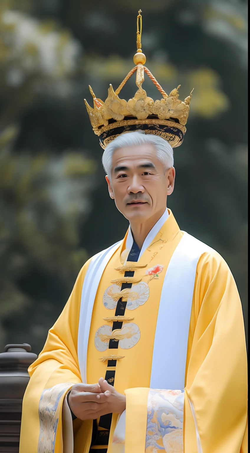 Masterpiece, Highest quality, (solofocus),, (High detail: 1.1),dojo,Red and yellow robes,The male, Man, chinese crown, 1人,and white hair,超高分辨率 , Detailed background, realisticlying, wearing a detailed and intricate xianxia antique outfit